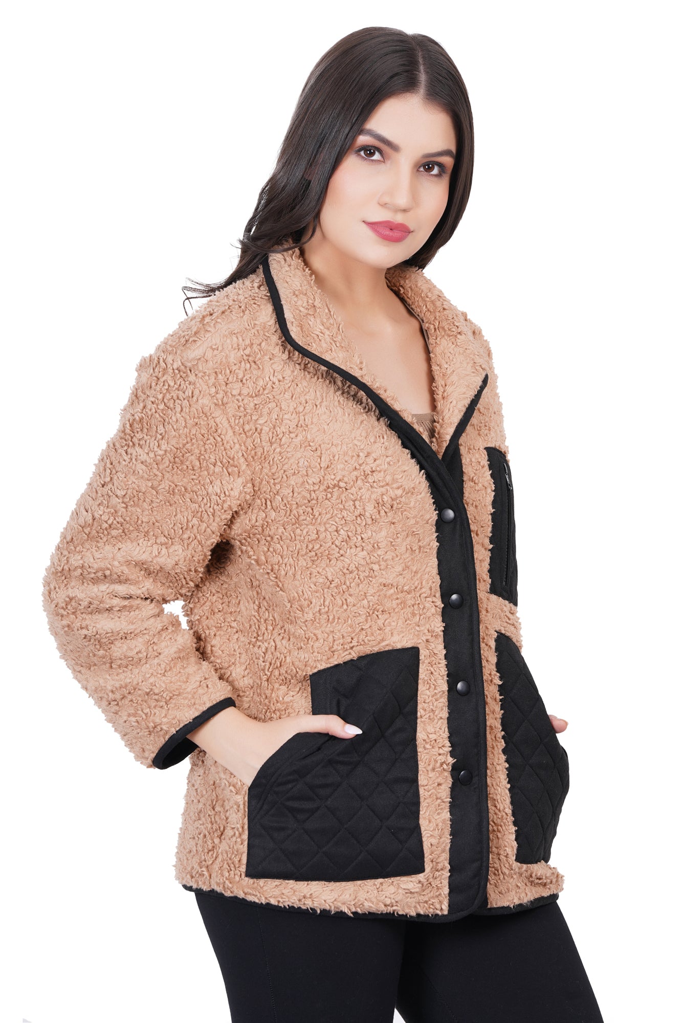 Tan Sherpa Jacket With Quilted Pockets