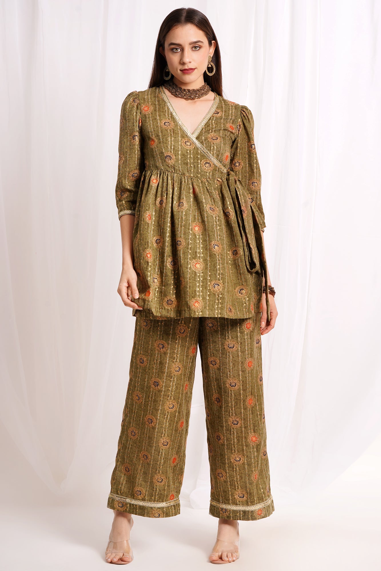 Olive Green Wrap Top Kurta Set