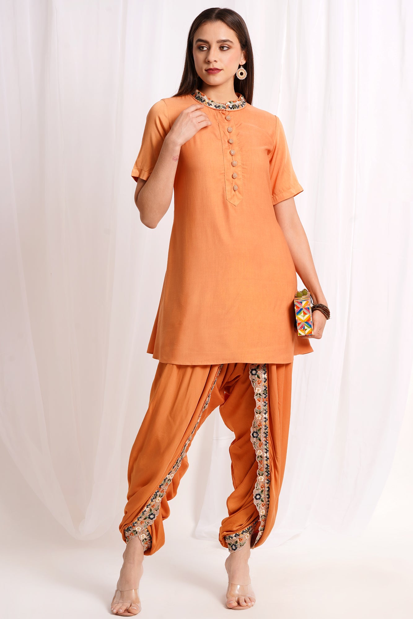 Orange Embellished Dhoti Kurta Set