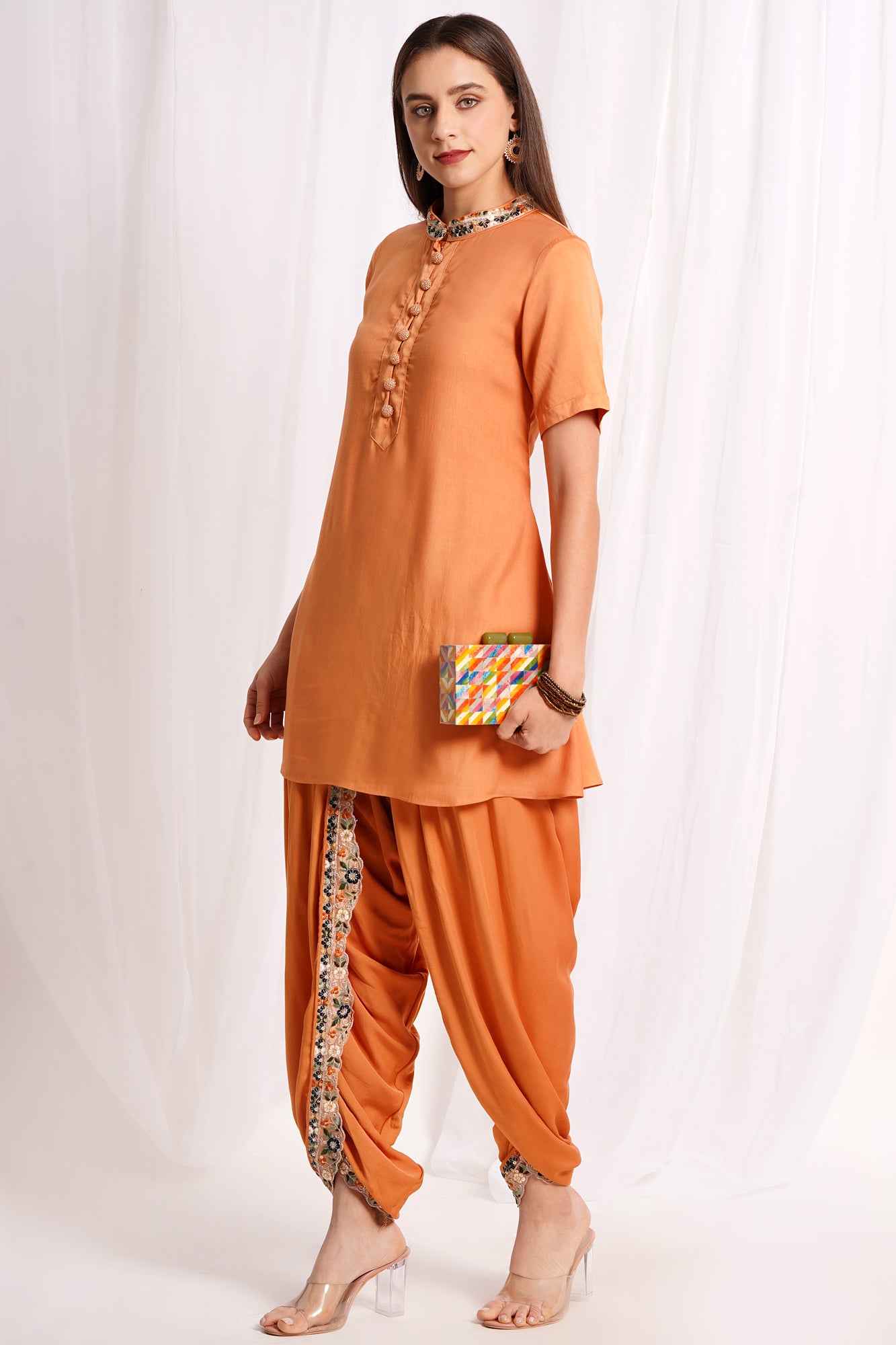 Orange Embellished Dhoti Kurta Set