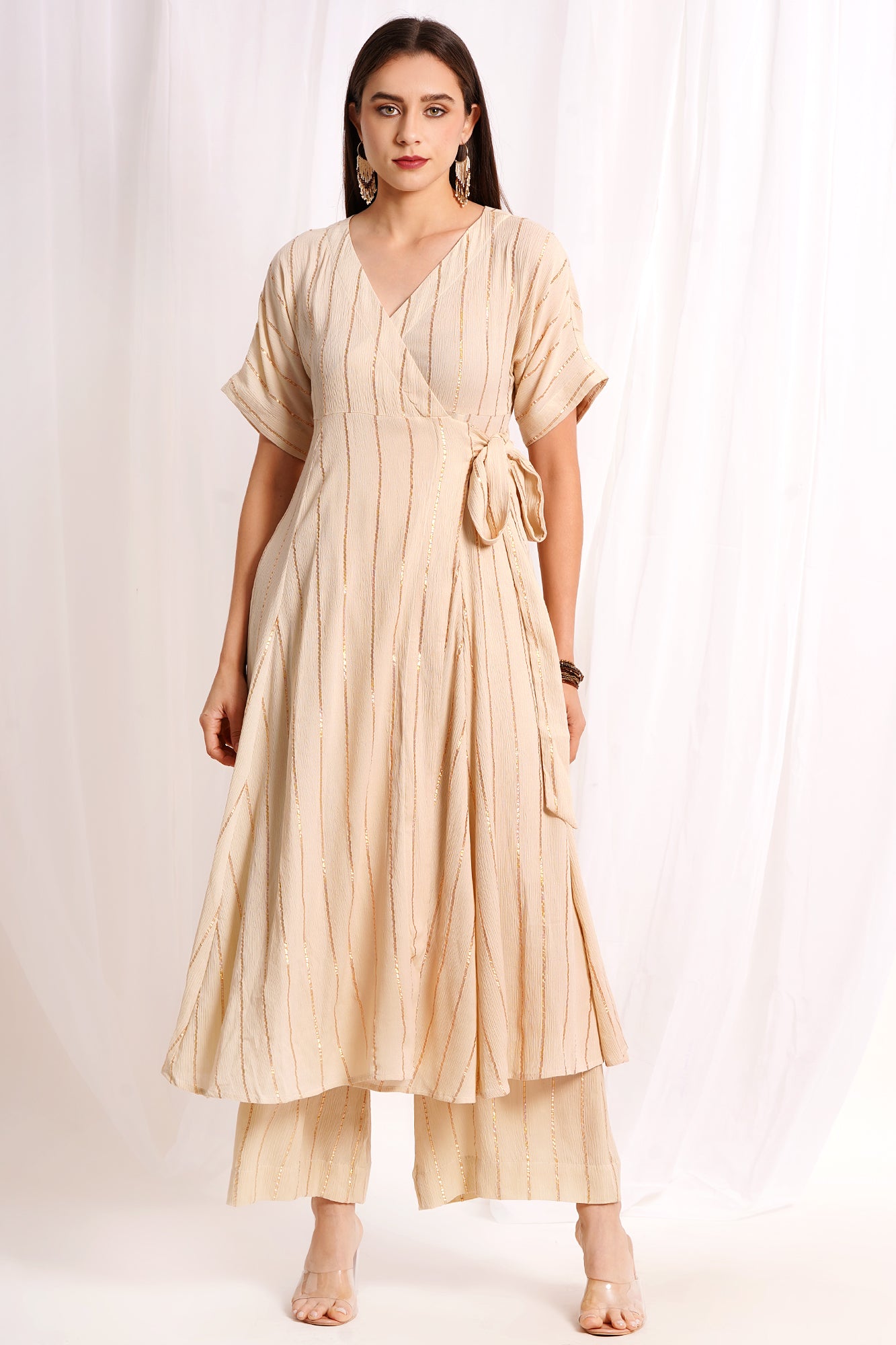 Cream Stripes Crinkle Kimono Wrap Kurta Set