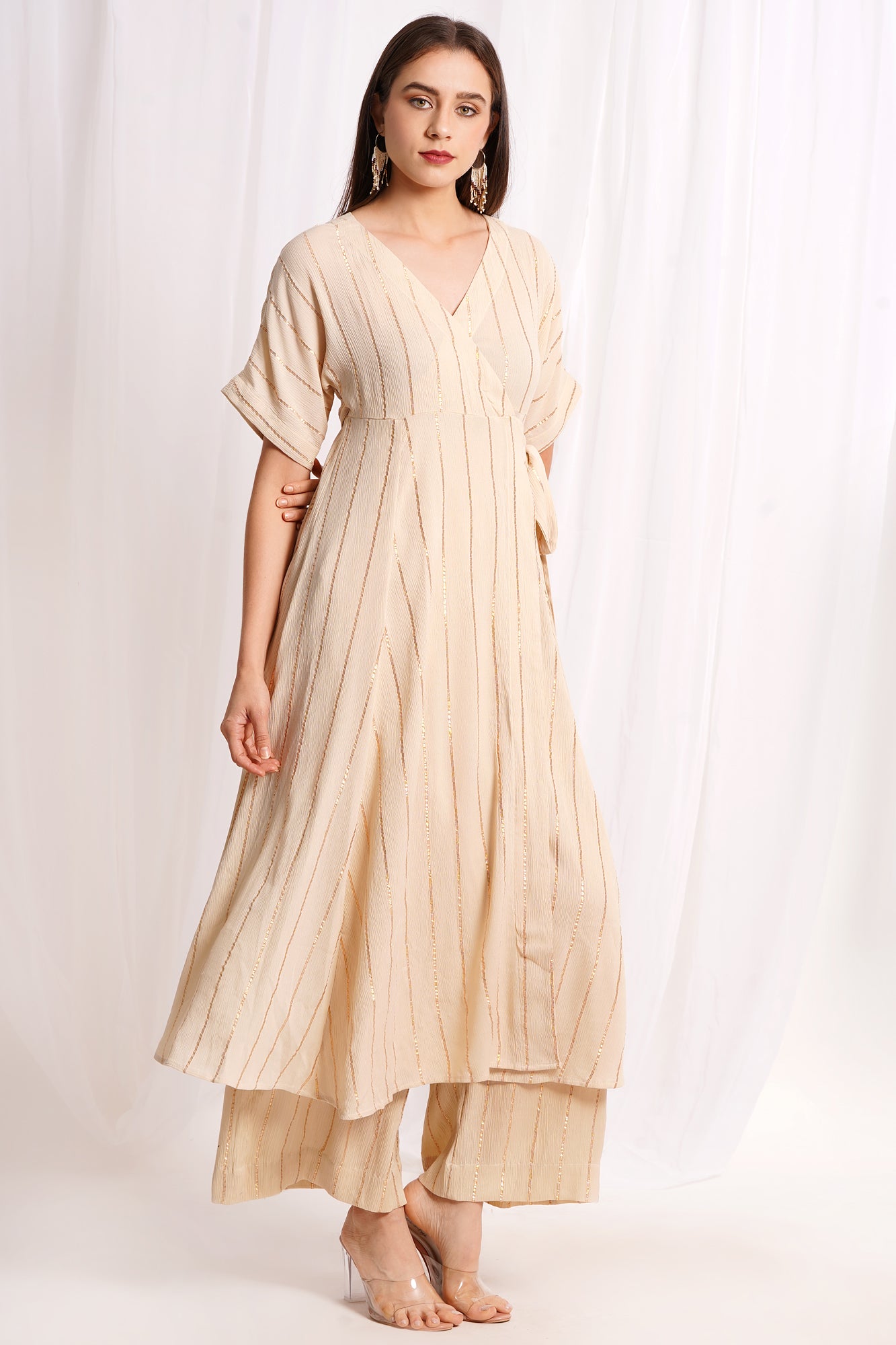 Cream Stripes Crinkle Kimono Wrap Kurta Set