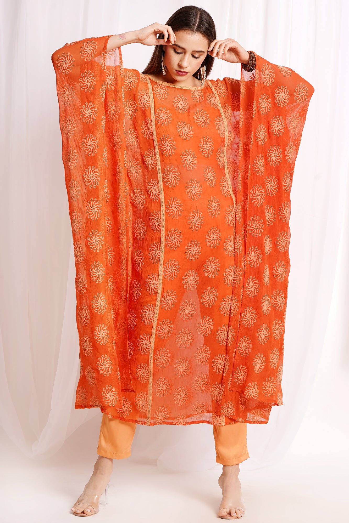 Orange Embroidered Kaftan Kurta Set