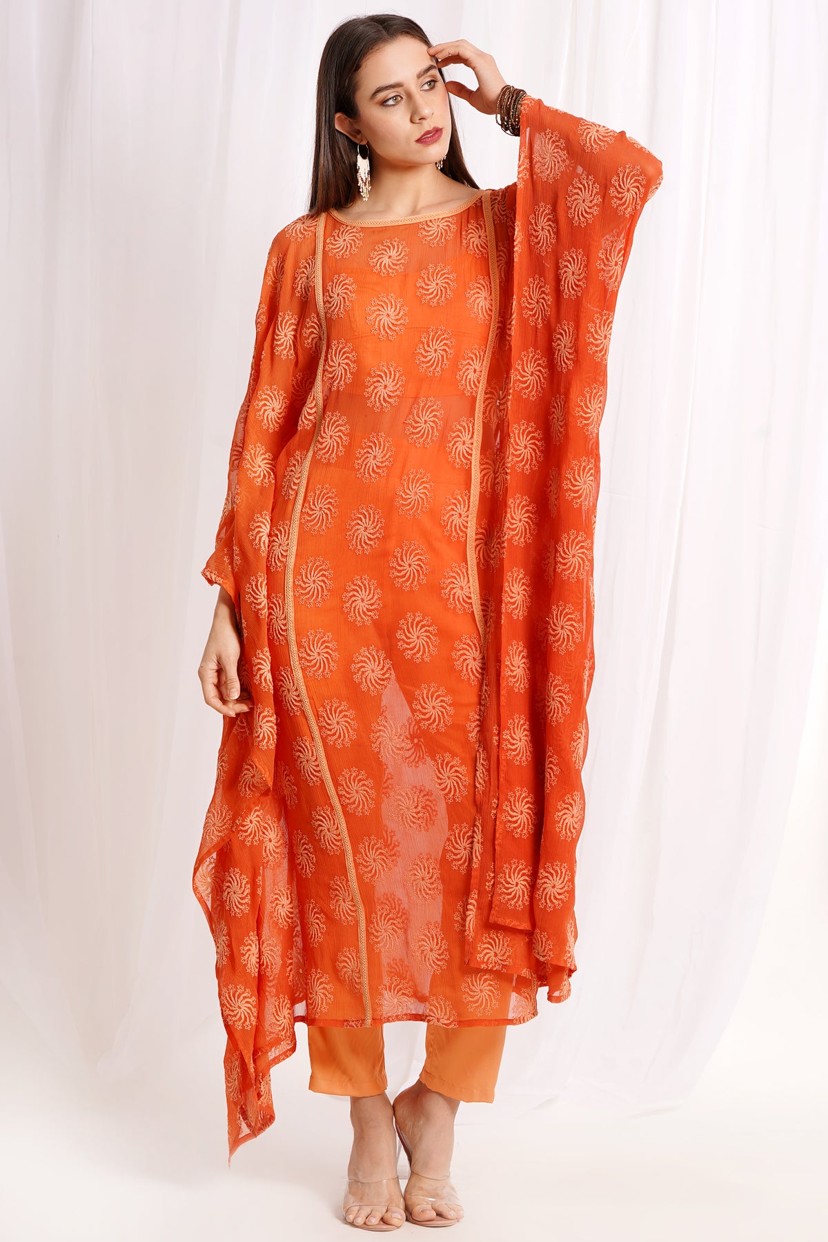 Orange Embroidered Kaftan Kurta Set