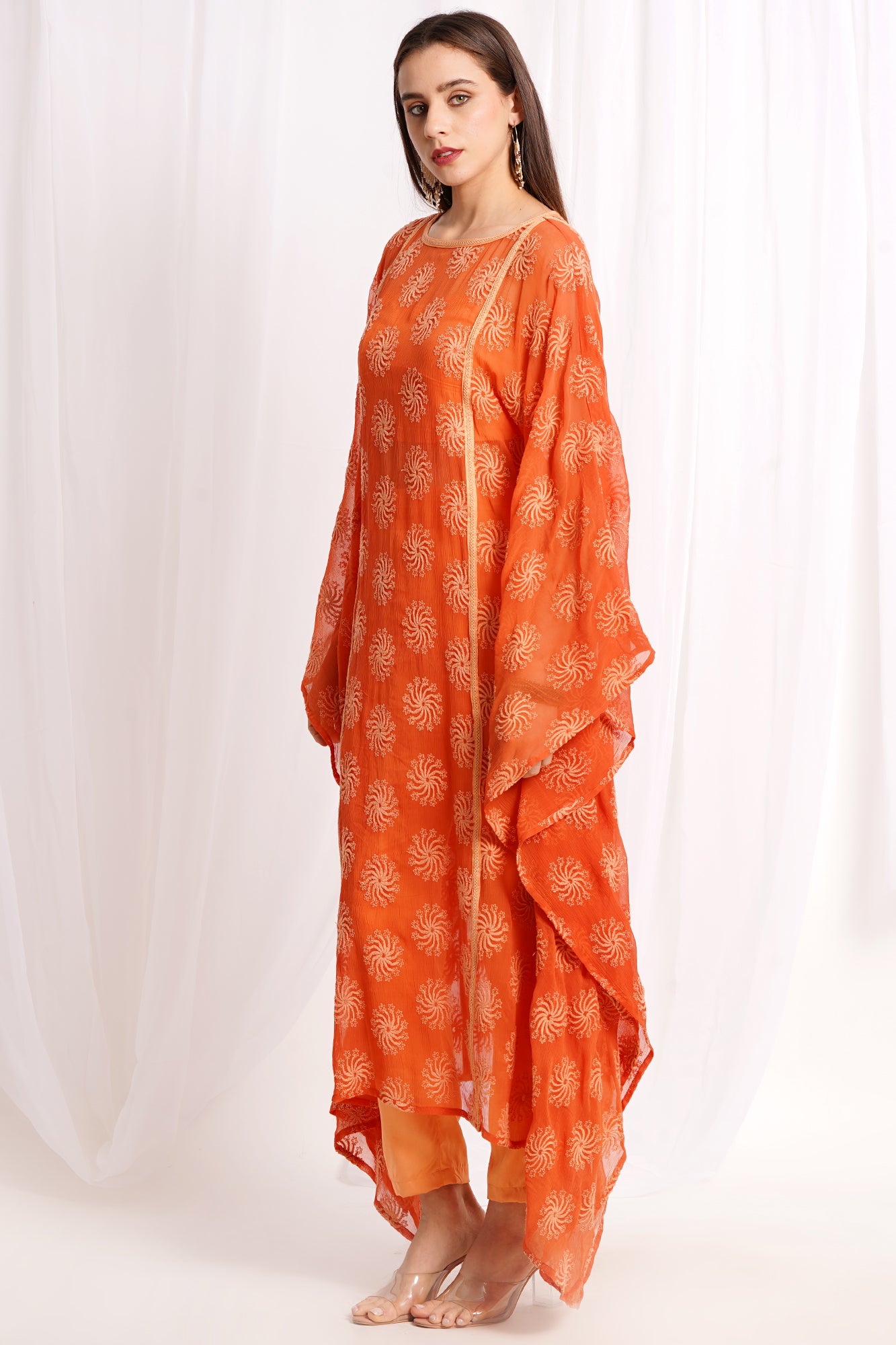 Orange Embroidered Kaftan Kurta Set