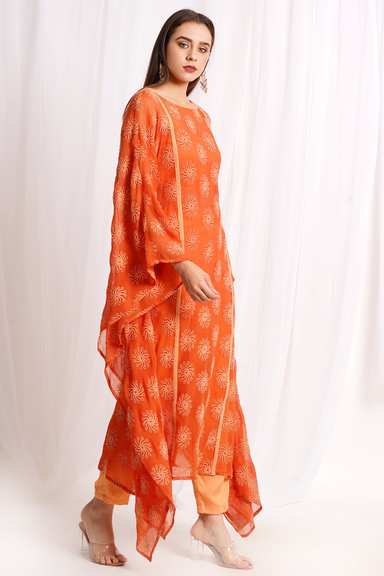 Orange Embroidered Kaftan Kurta Set