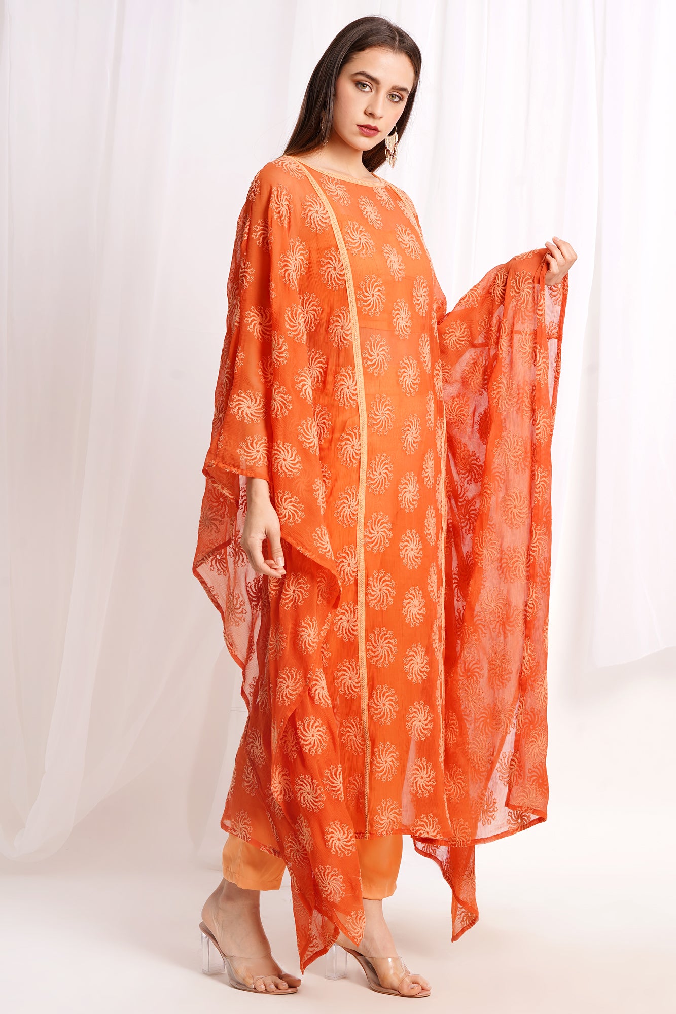 Orange Embroidered Kaftan Kurta Set