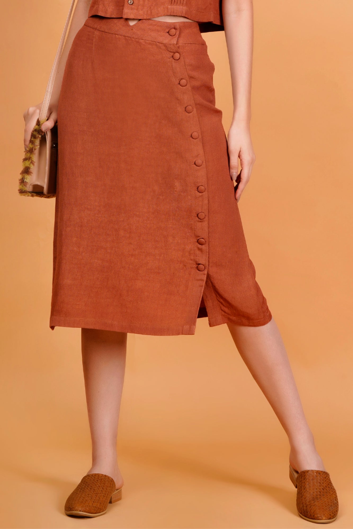 Terracotta Solid Linen Blend Button Front Midi Skirt