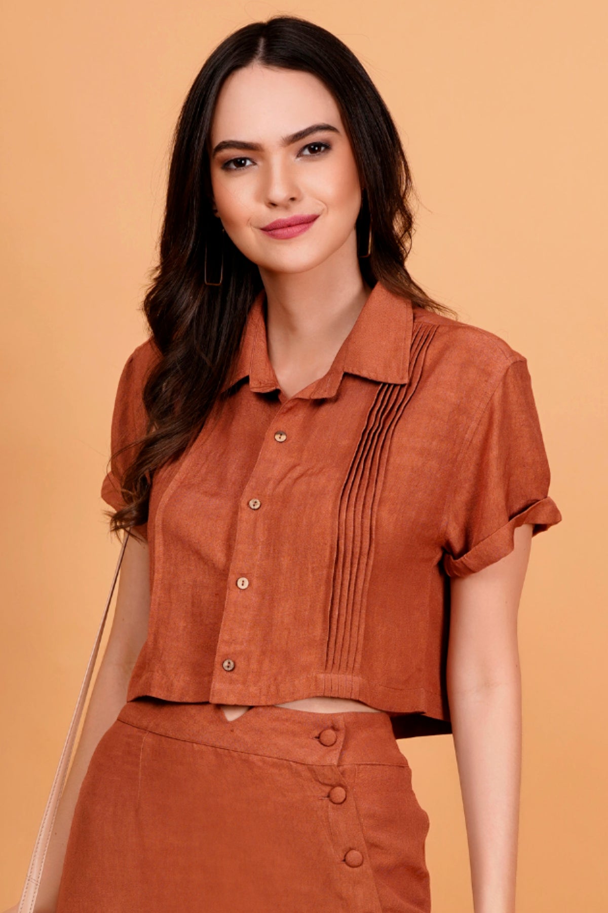 Terracotta Solid Linen Blend Pintucks Crop Shirt