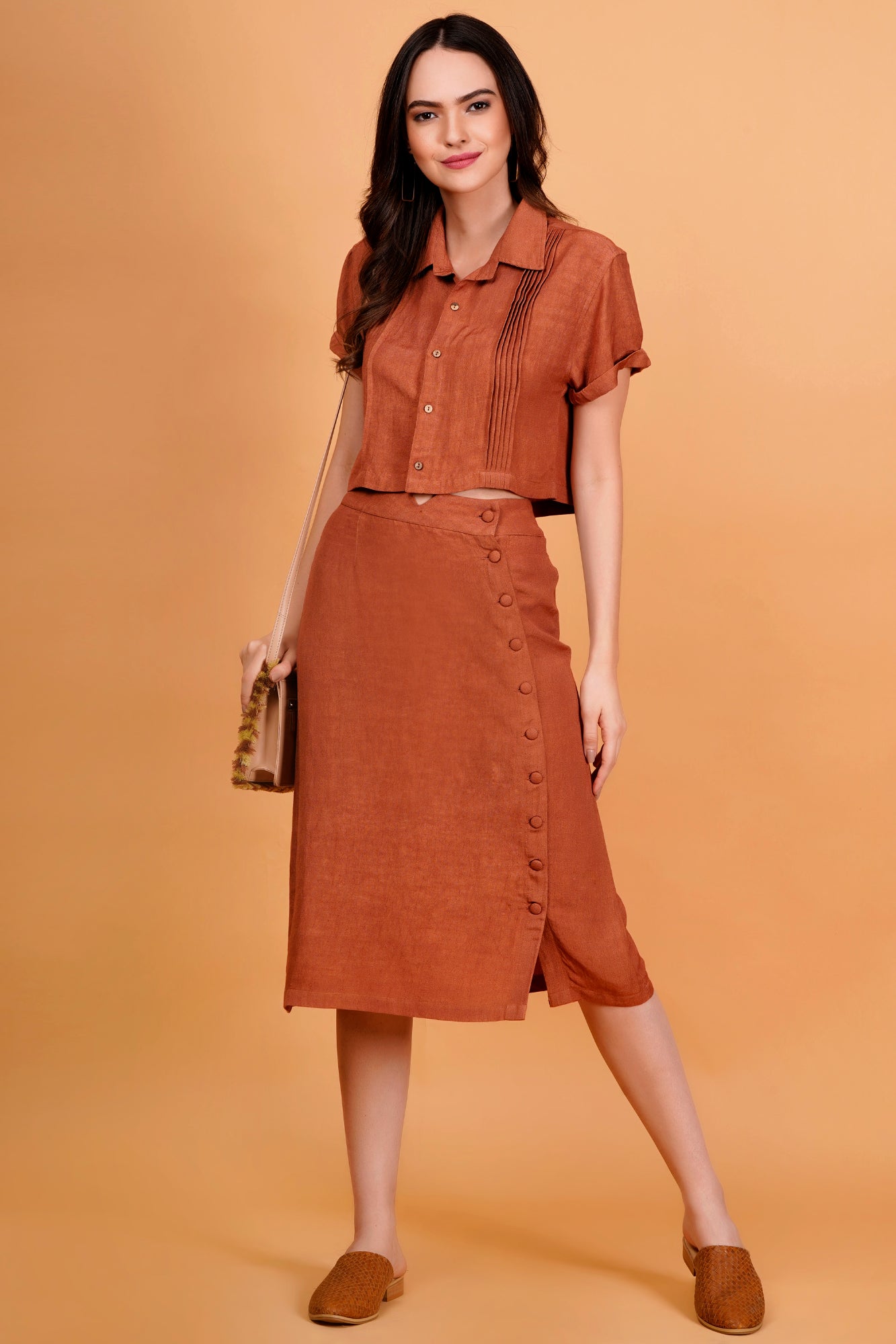 Terracotta Solid Linen Blend Button Front Midi Skirt