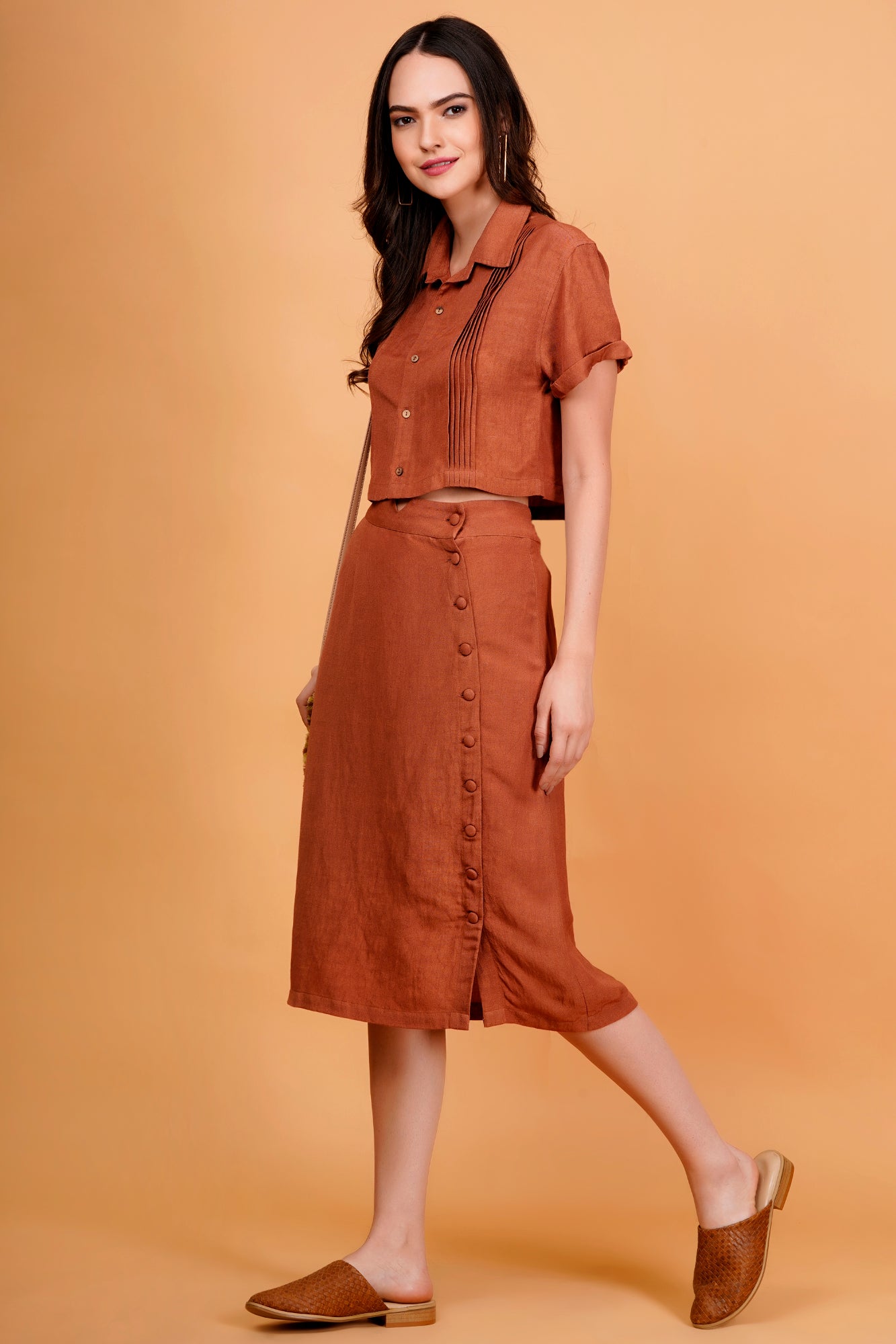 Terracotta Solid Linen Blend Button Front Midi Skirt