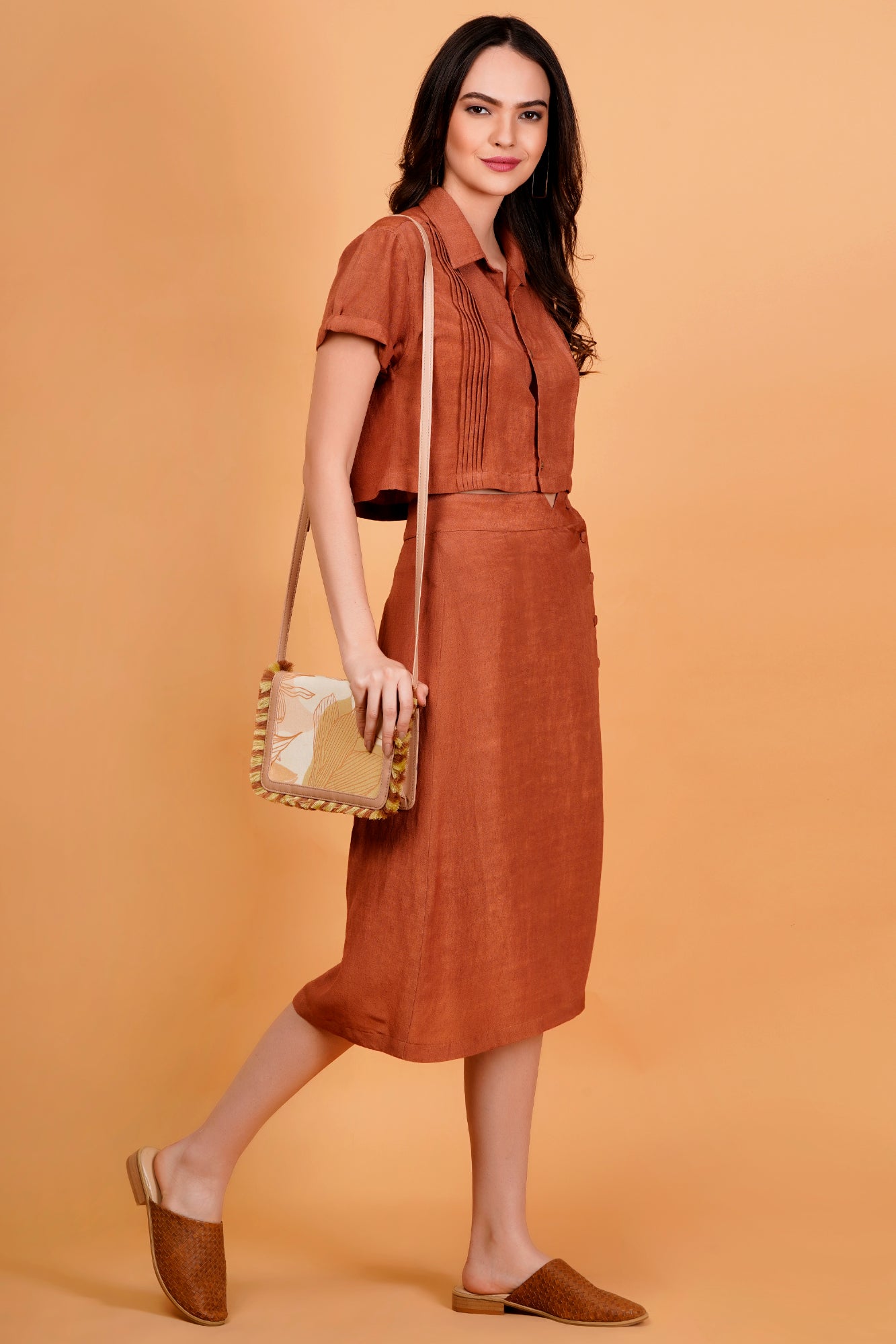 Terracotta Solid Linen Blend Button Front Midi Skirt