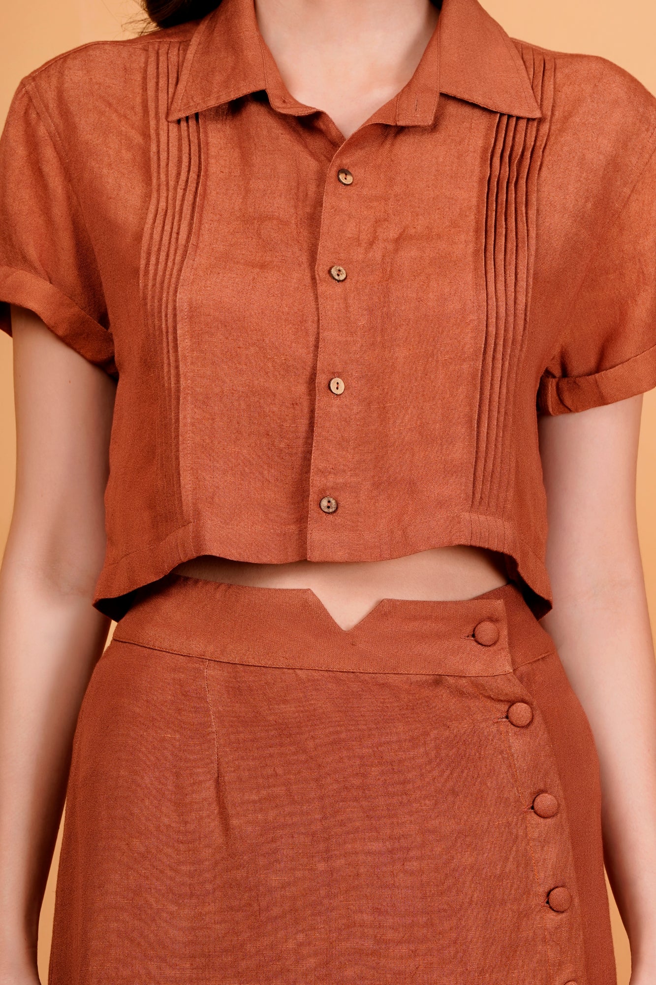 Terracotta Solid Linen Blend Pintucks Crop Shirt