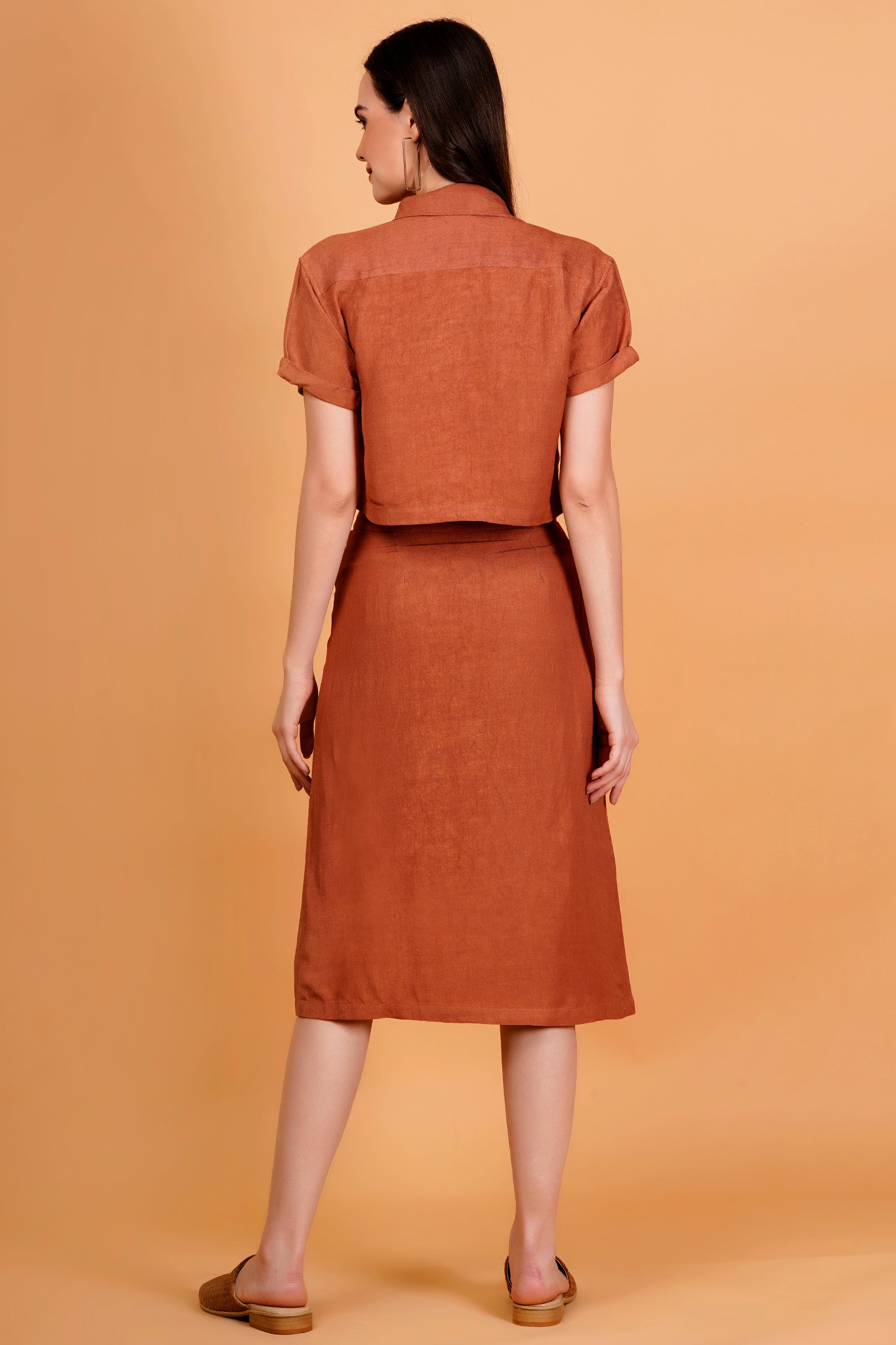 Terracotta Solid Linen Blend Button Front Midi Skirt