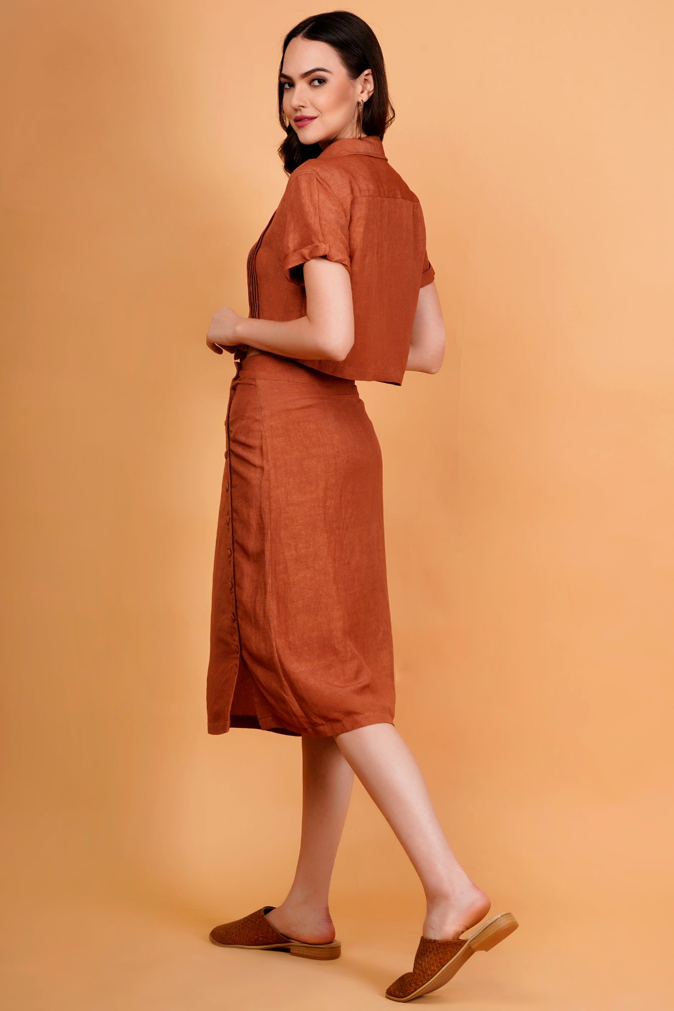 Terracotta Solid Linen Blend Pintucks Crop Shirt