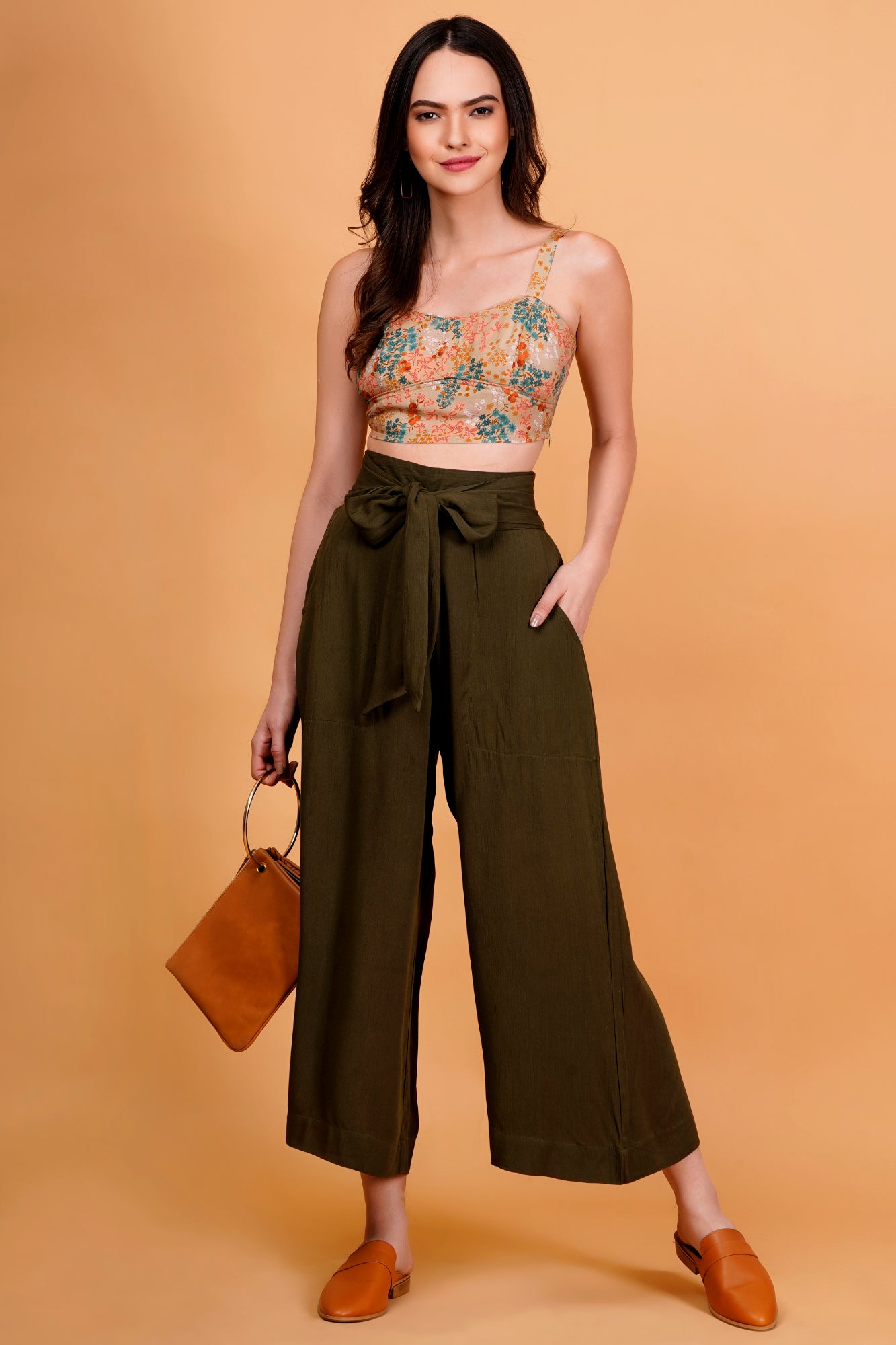 Olive Rayon Crinkle Waist Tie Up Pants