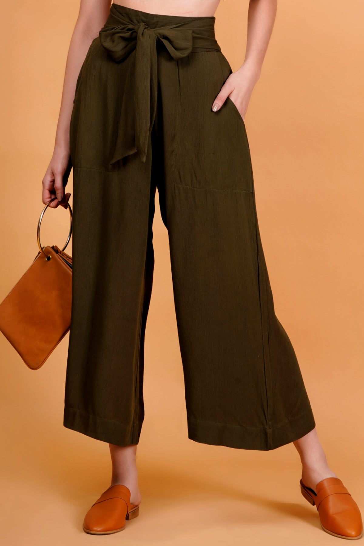 Olive Rayon Crinkle Waist Tie Up Pants