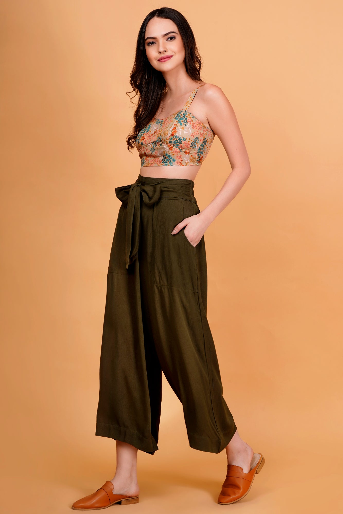 Olive Rayon Crinkle Waist Tie Up Pants