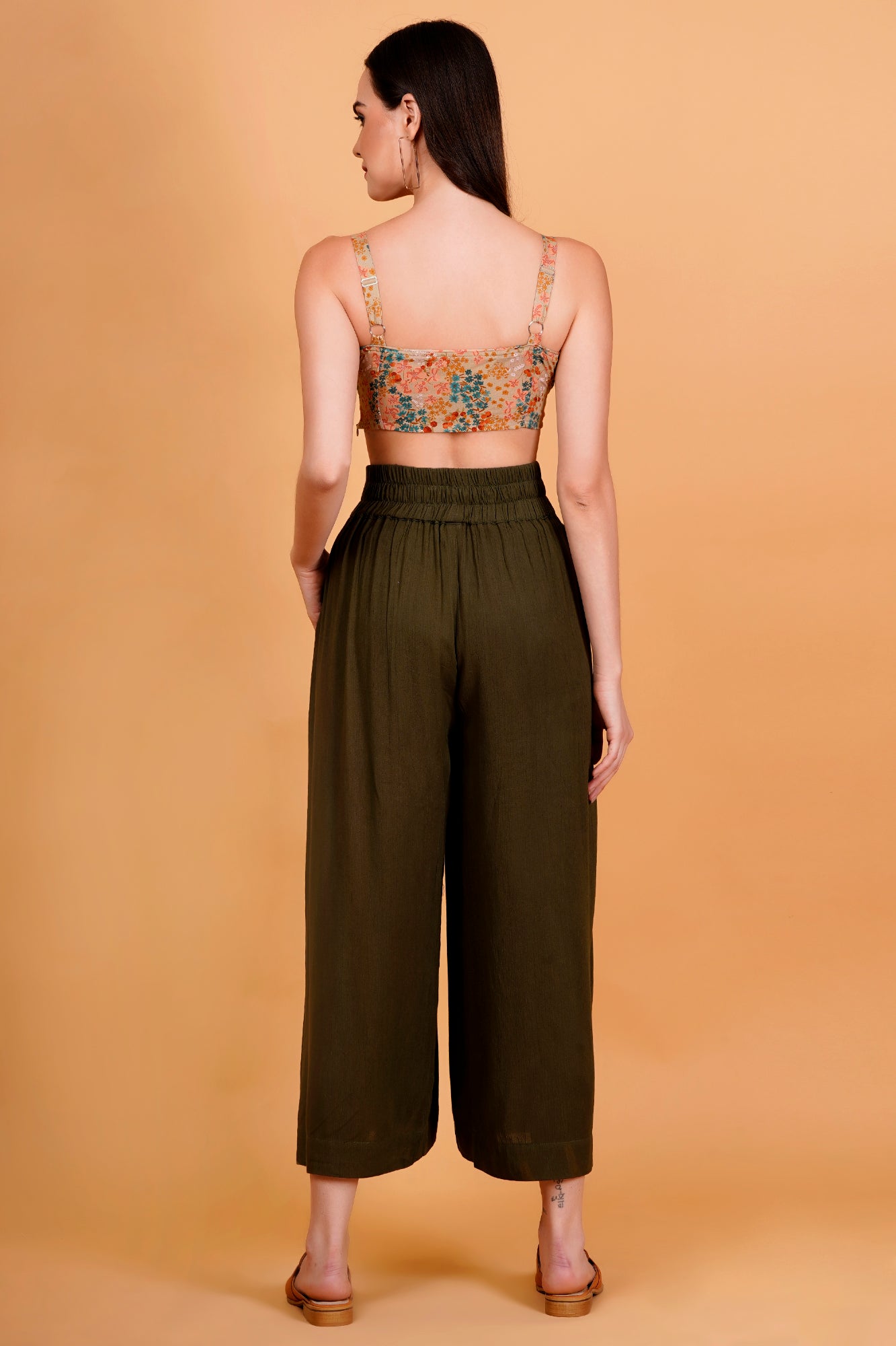 Olive Rayon Crinkle Waist Tie Up Pants