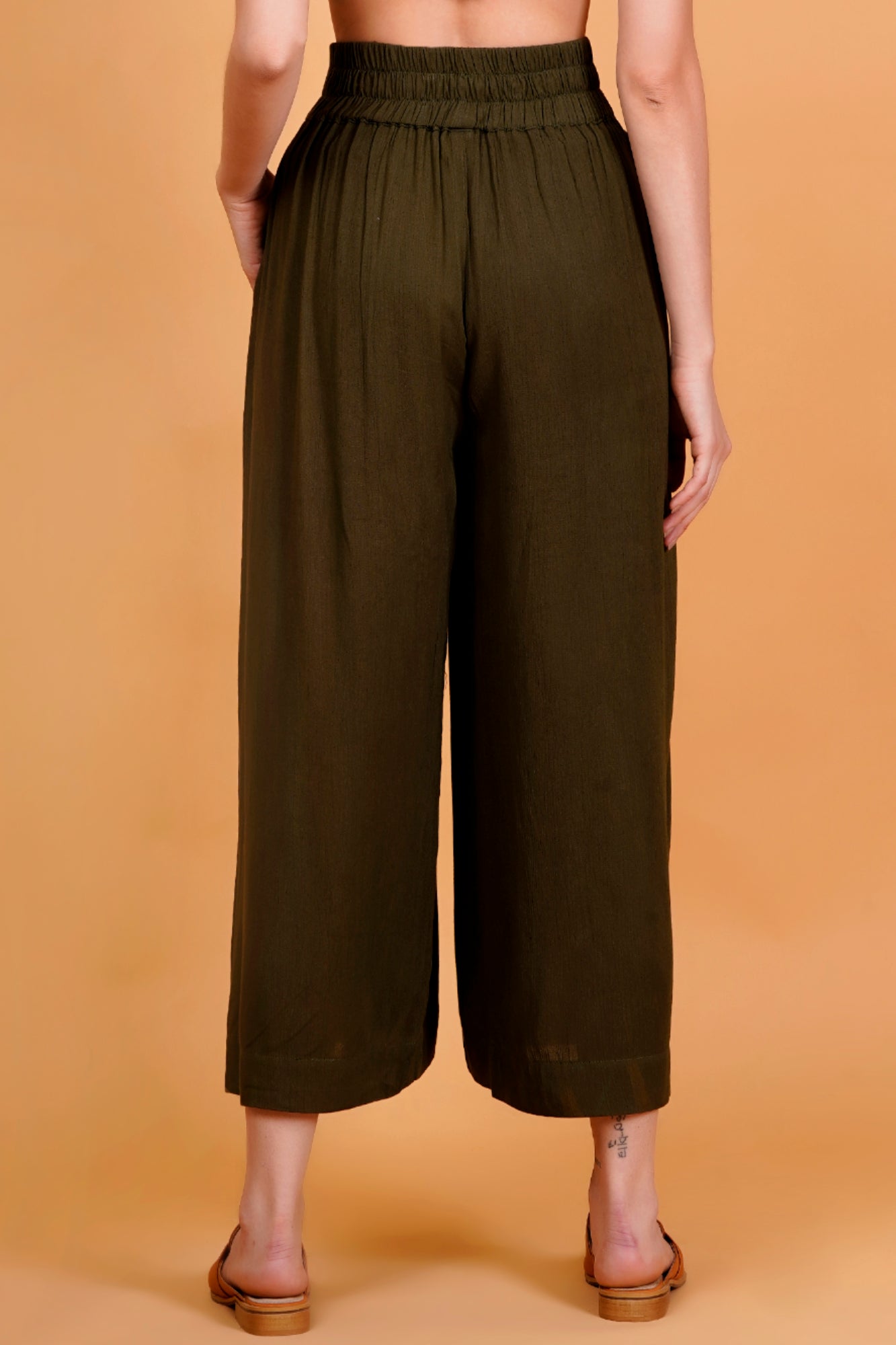 Olive Rayon Crinkle Waist Tie Up Pants