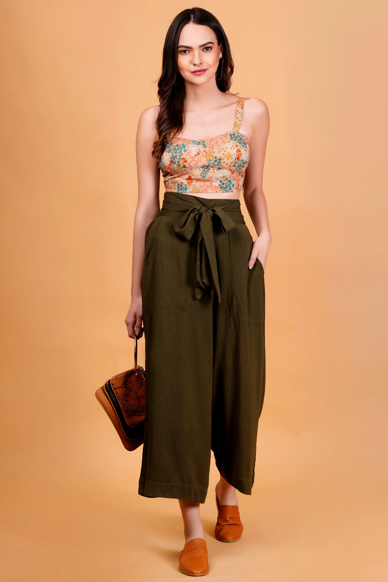 Olive Rayon Crinkle Waist Tie Up Pants