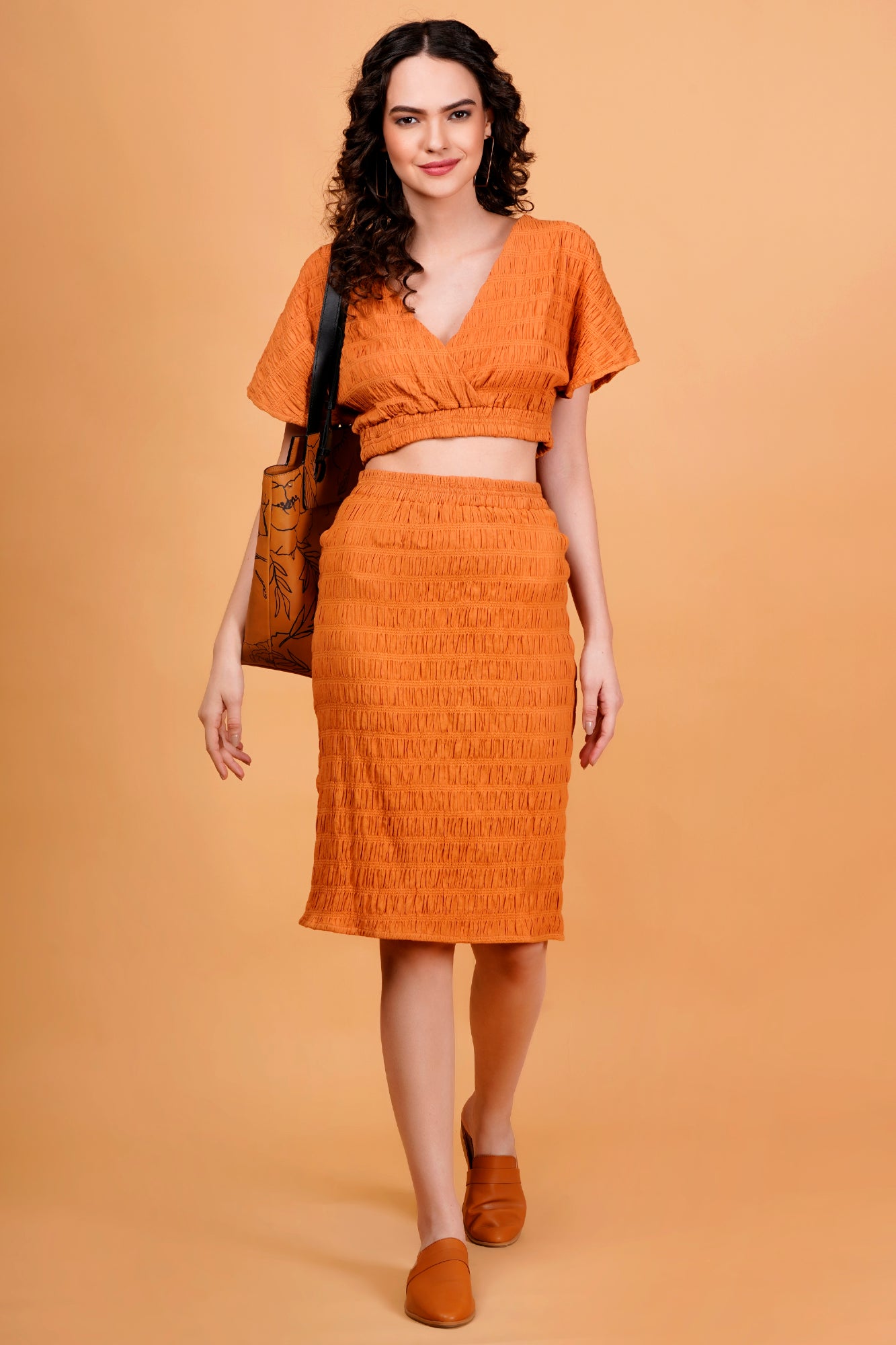 Orange Textured Bodycon Skirt