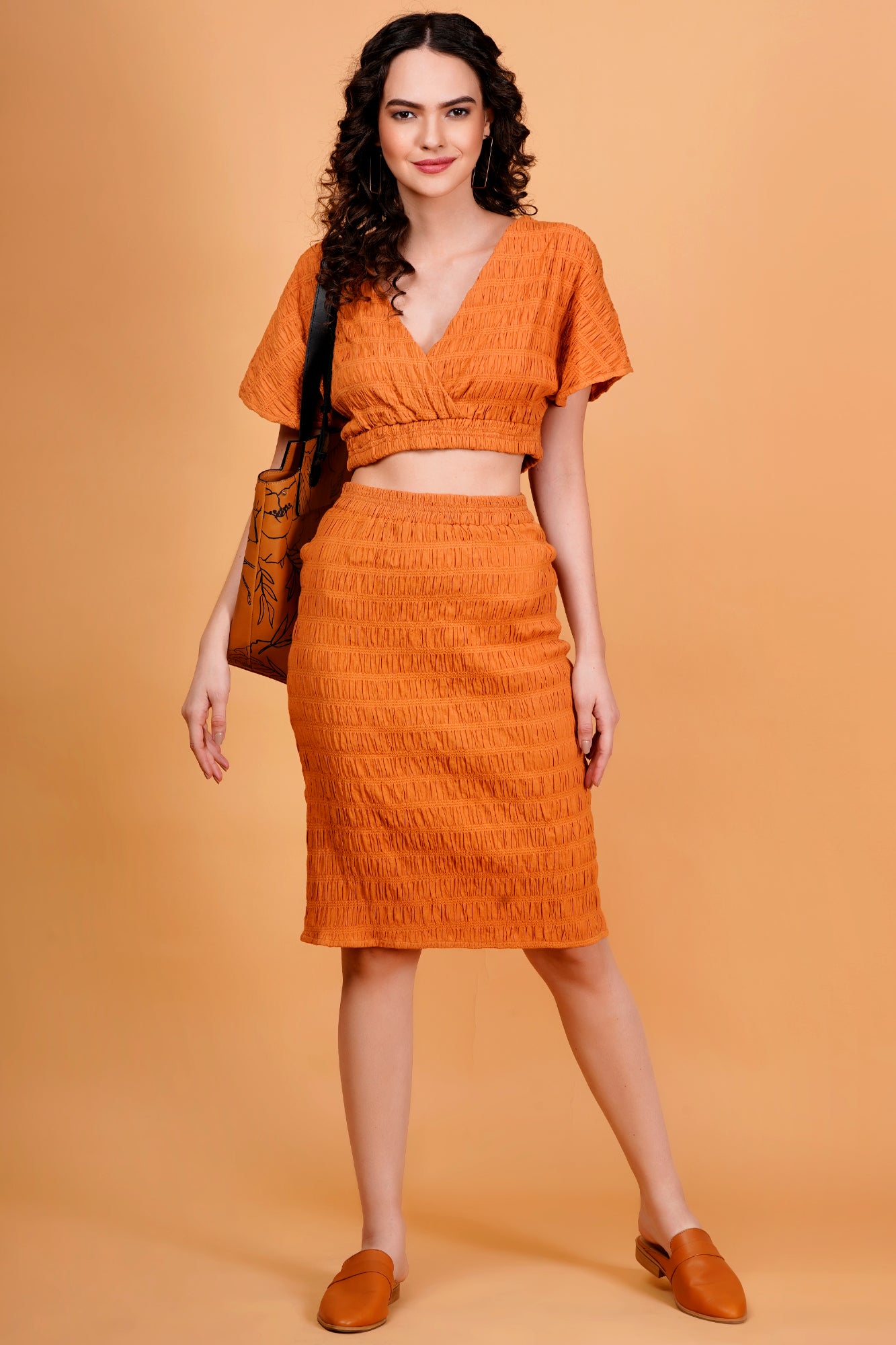 Orange Textured Bodycon Skirt