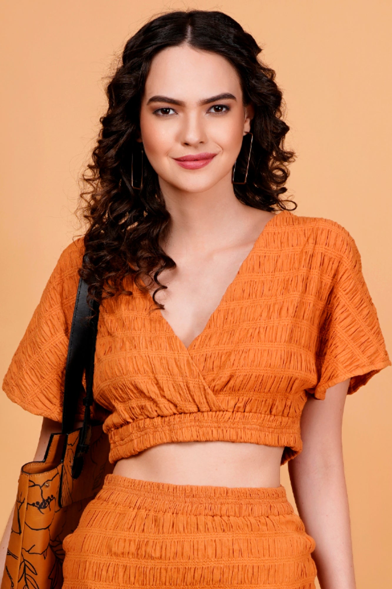 Orange Textured V-Neck Wrap Top