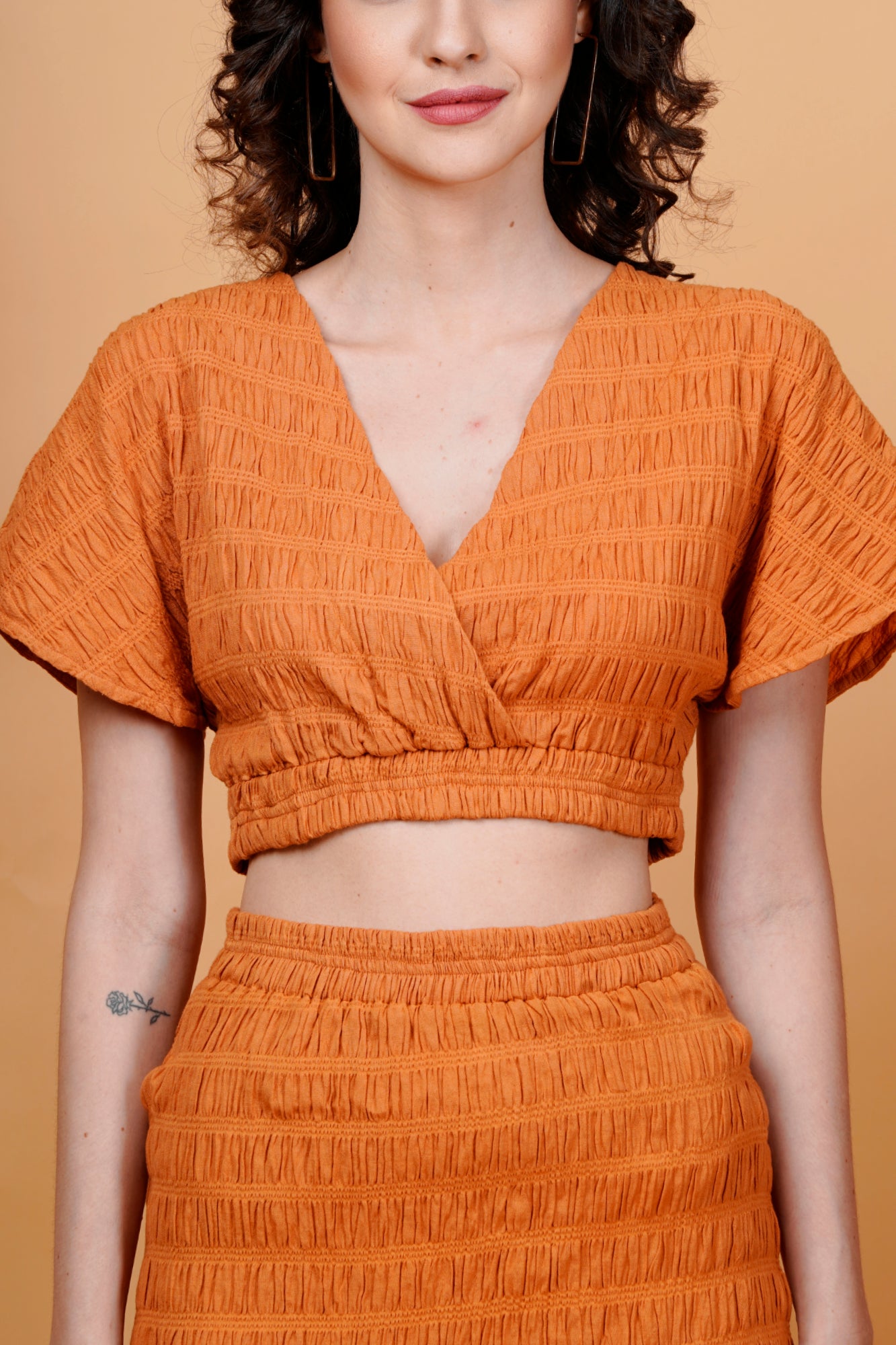 Orange Textured V-Neck Wrap Top