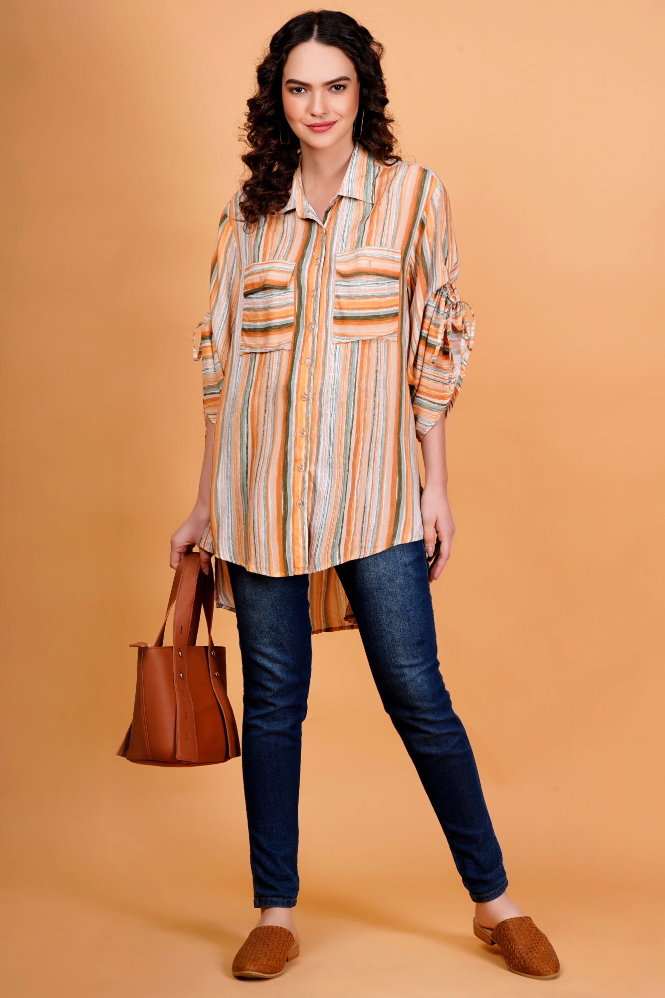 Rustic Streaks Printed Oversized Shirt With Ruched Tie-Up Sleeves