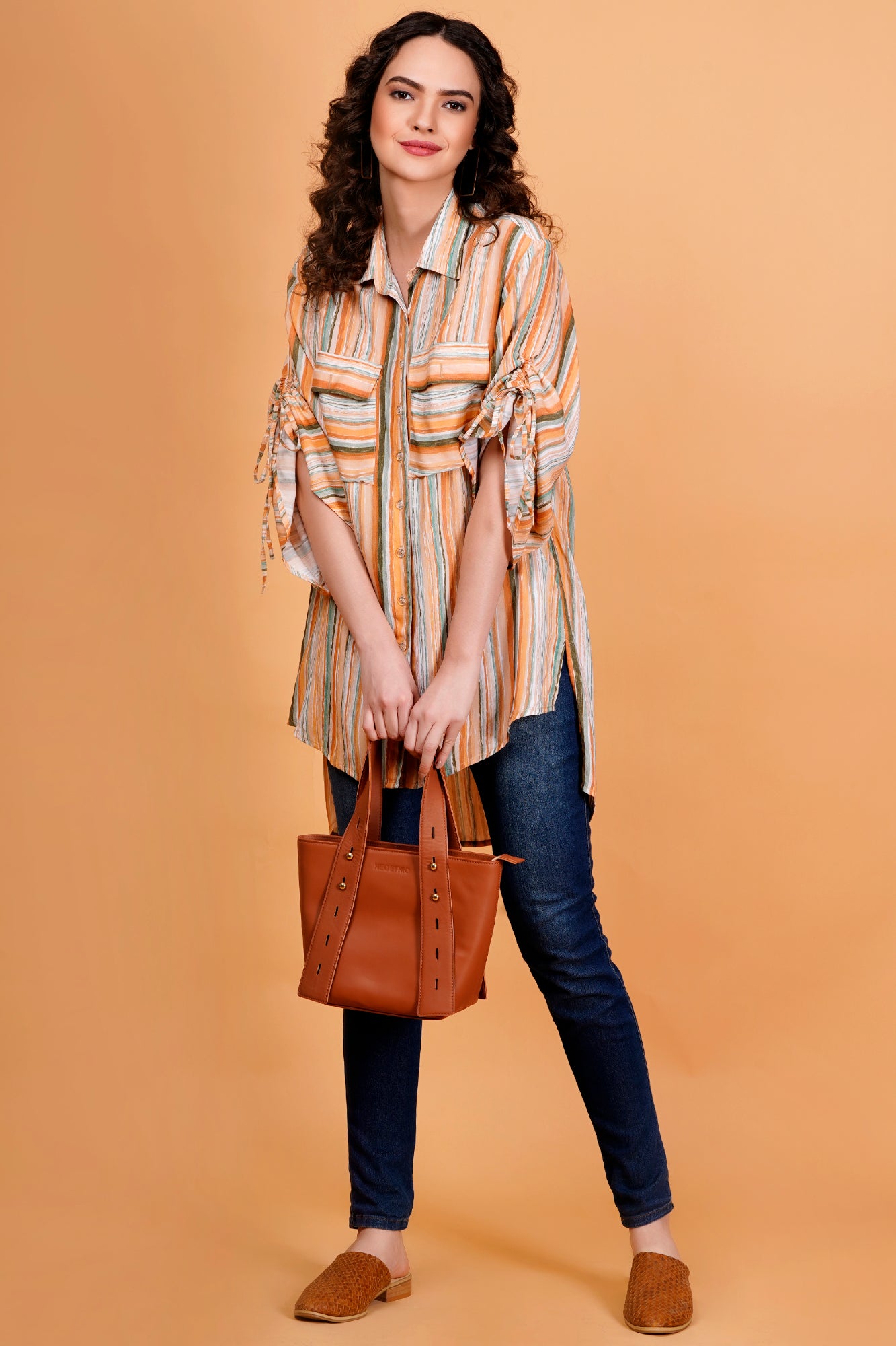 Rustic Streaks Printed Oversized Shirt With Ruched Tie-Up Sleeves