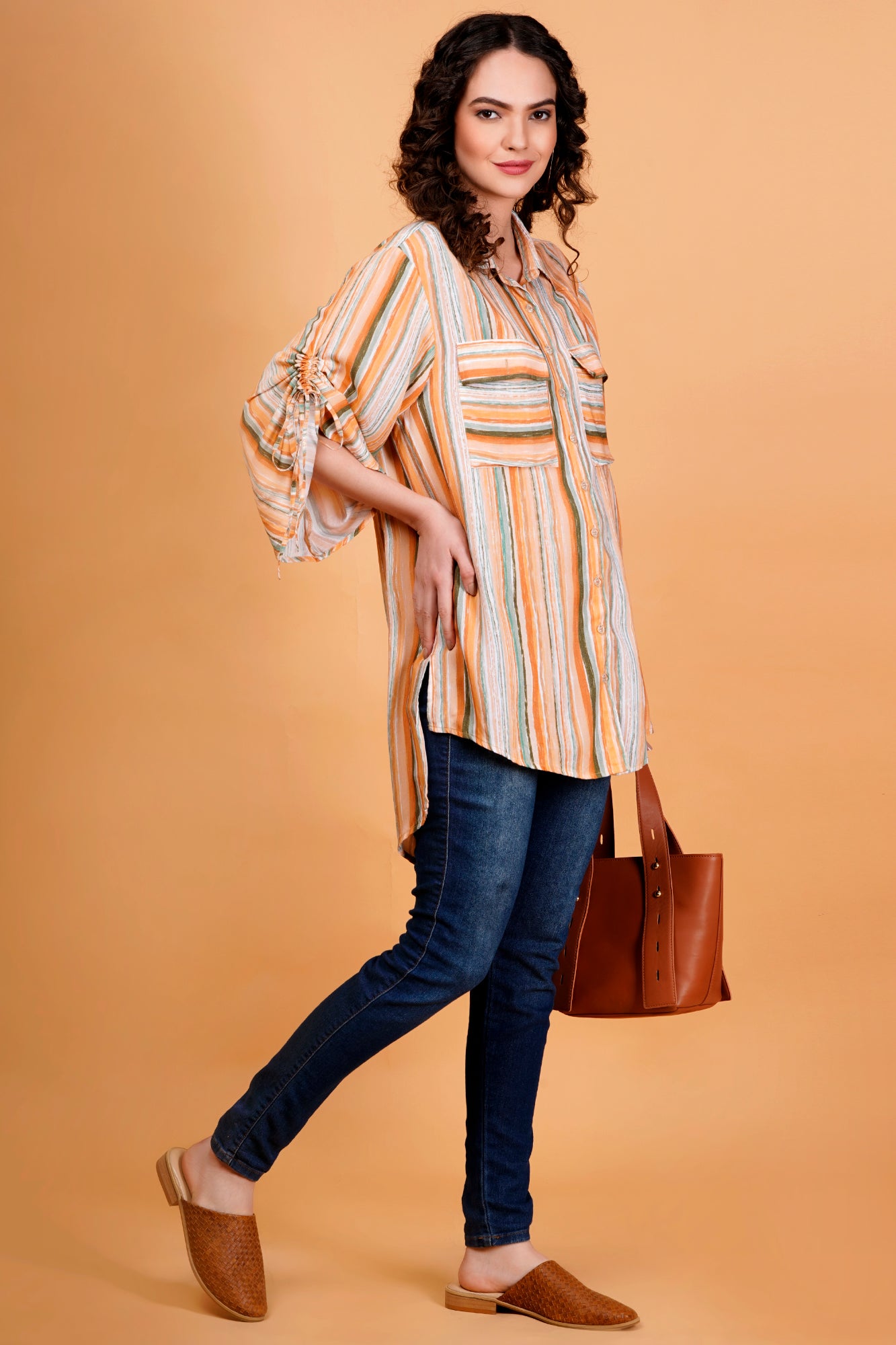 Rustic Streaks Printed Oversized Shirt With Ruched Tie-Up Sleeves