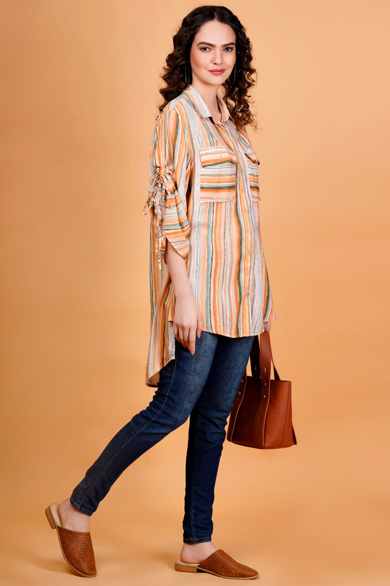 Rustic Streaks Printed Oversized Shirt With Ruched Tie-Up Sleeves