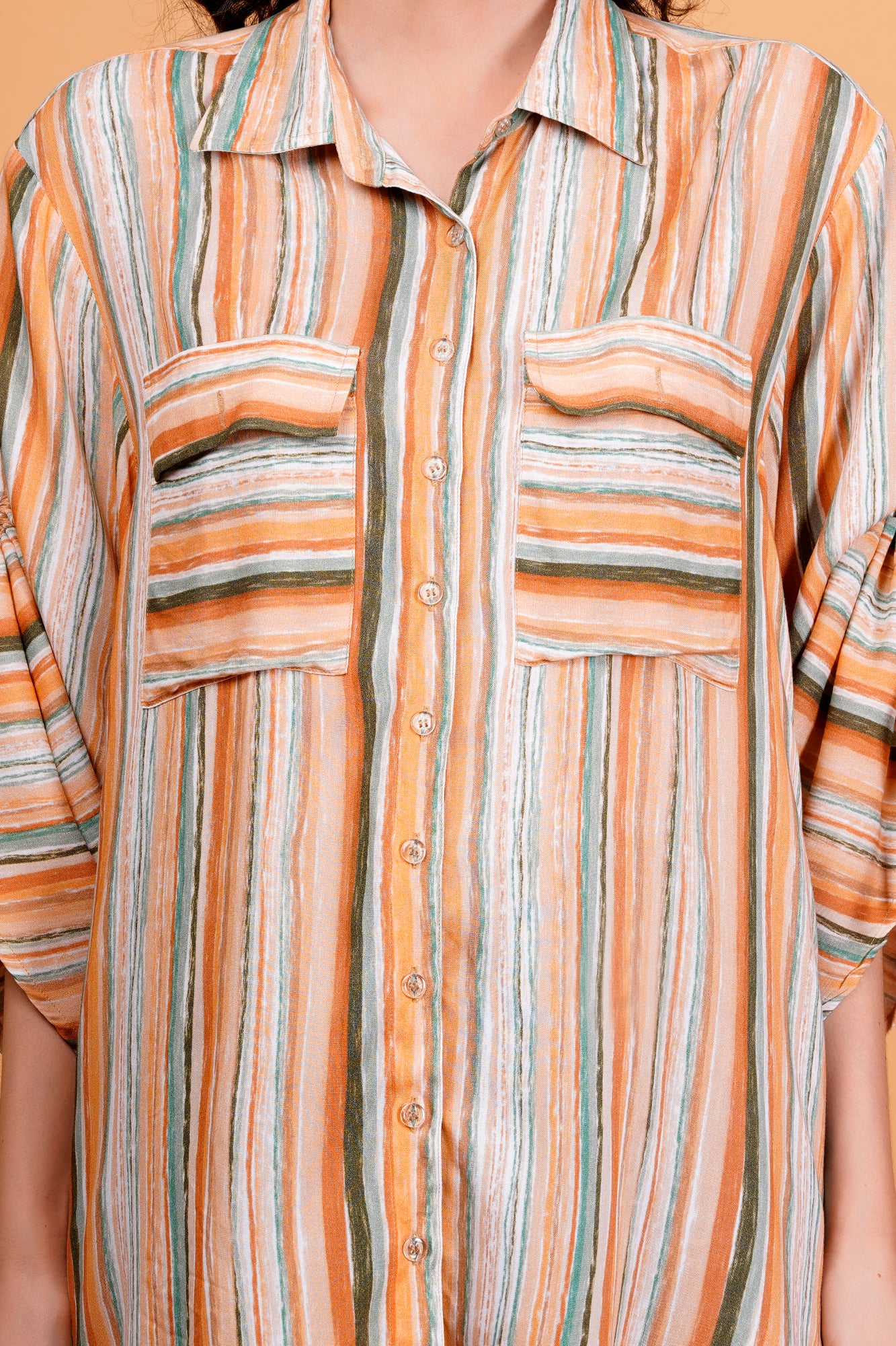 Rustic Streaks Printed Oversized Shirt With Ruched Tie-Up Sleeves