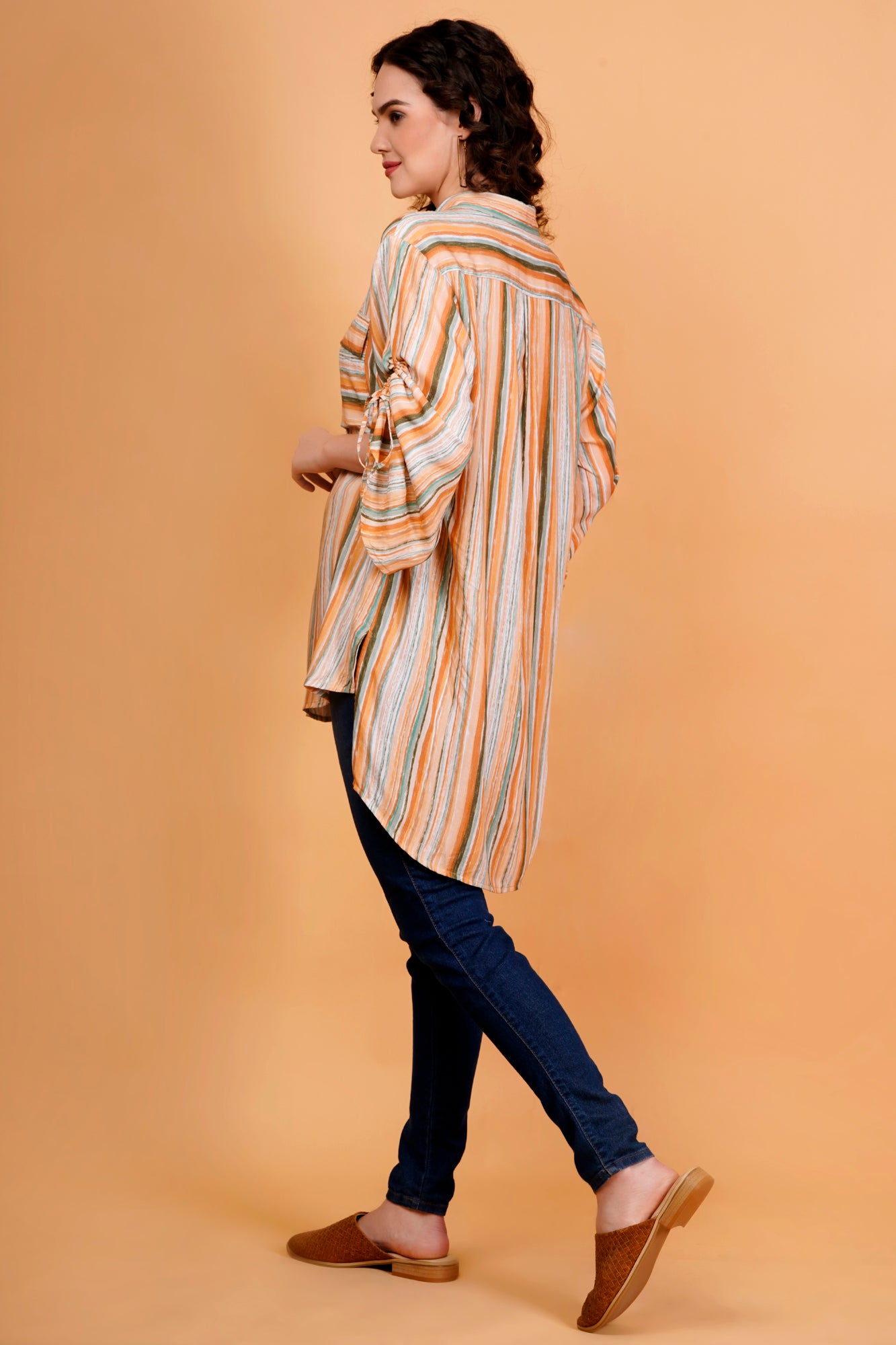 Rustic Streaks Printed Oversized Shirt With Ruched Tie-Up Sleeves