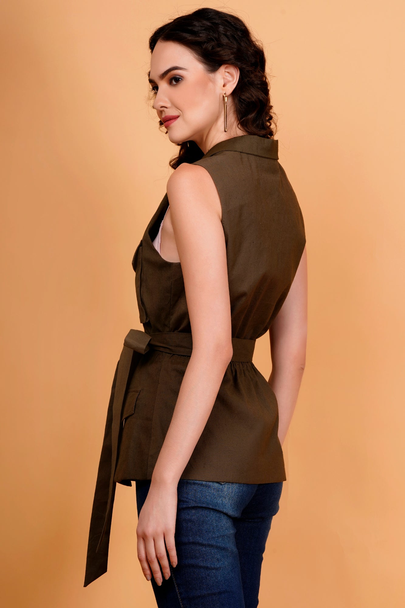 Olive Green Belted Lapel Collar Sleeveless Vest Blazer