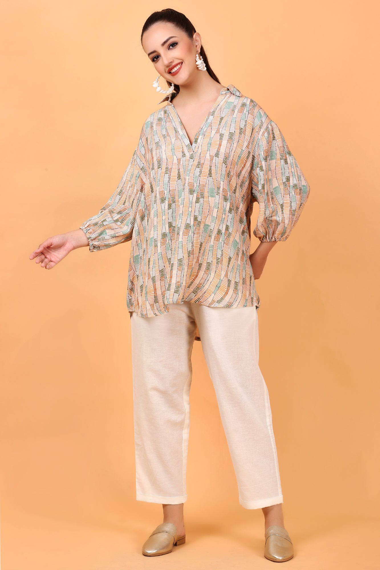 Terra Code Printed Linen Blend Tunic Top