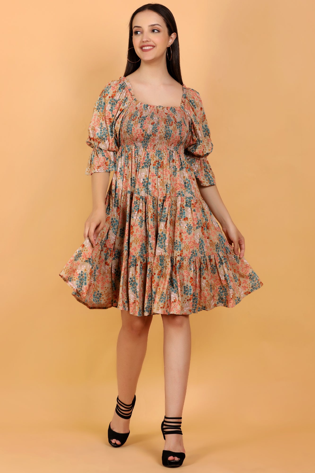 Sage Meadow Floral Printed Smocked Tiered Midi Dress