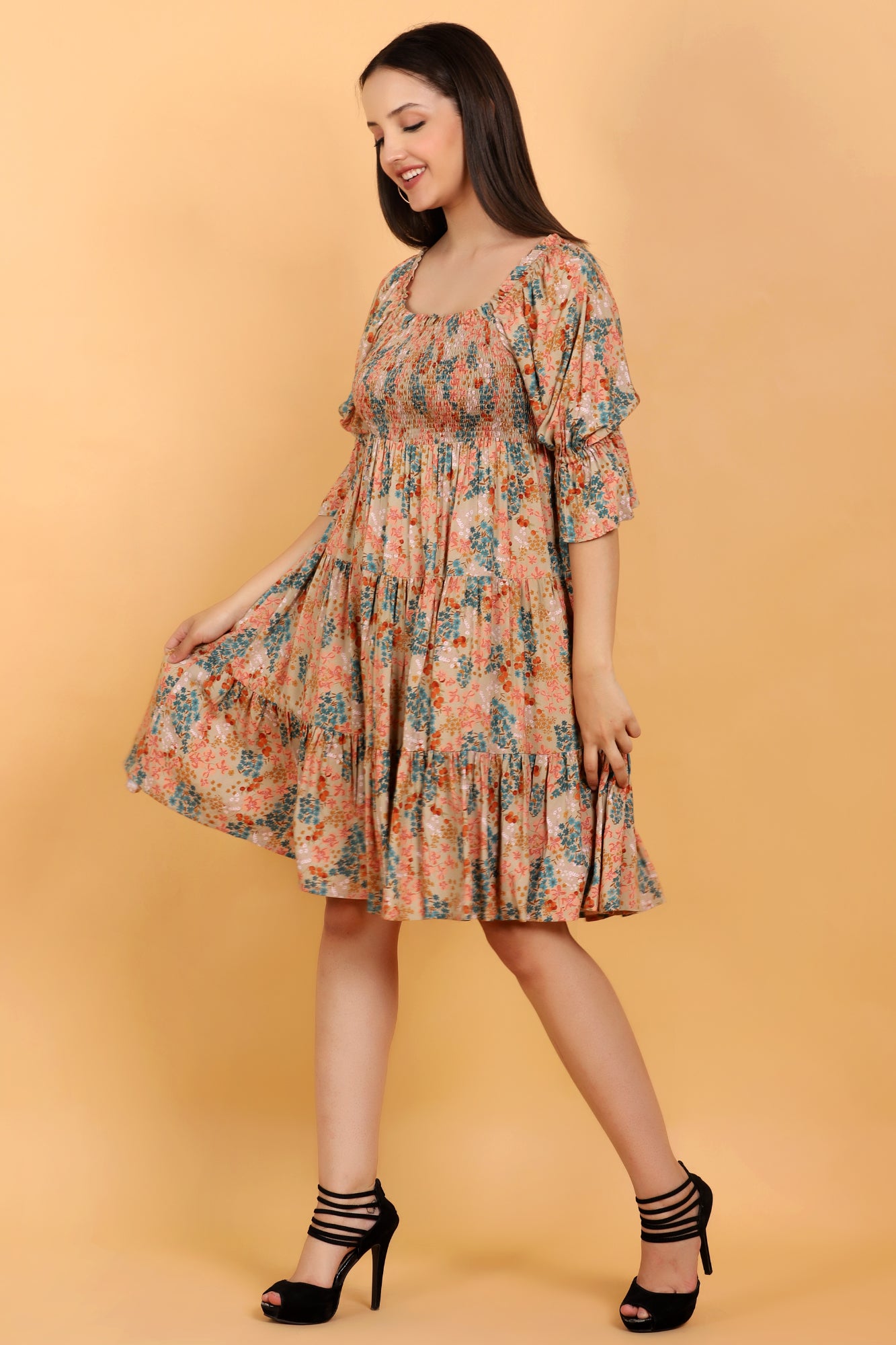 Sage Meadow Floral Printed Smocked Tiered Midi Dress