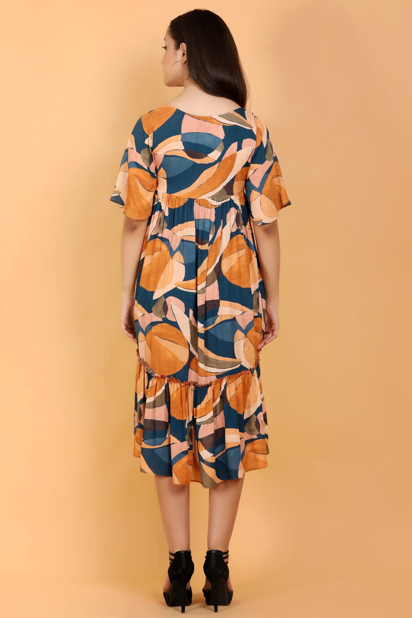 Surreal Citrus Printed Tierd A-Line Empire Midi Dress