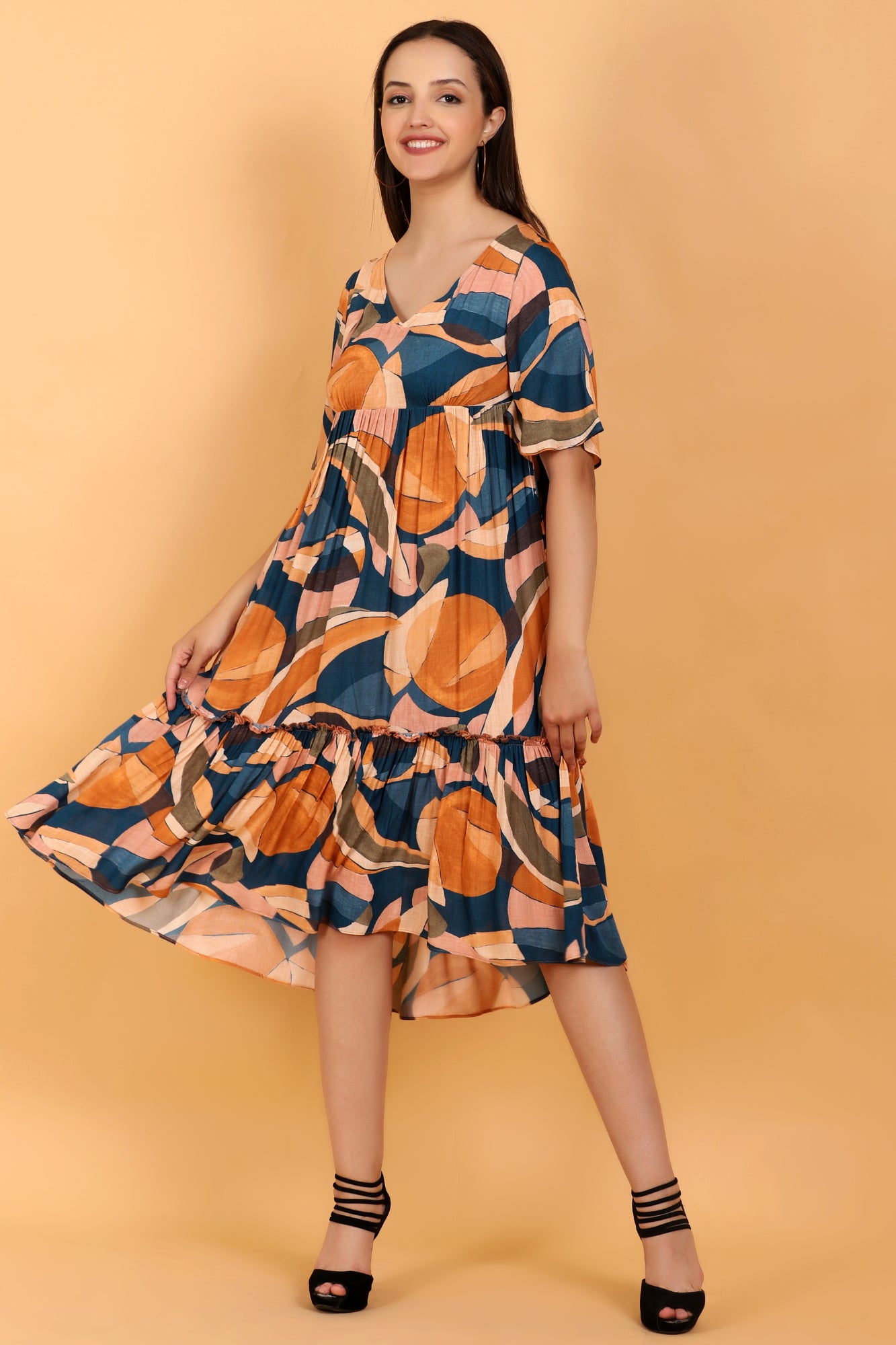 Surreal Citrus Printed Tierd A-Line Empire Midi Dress