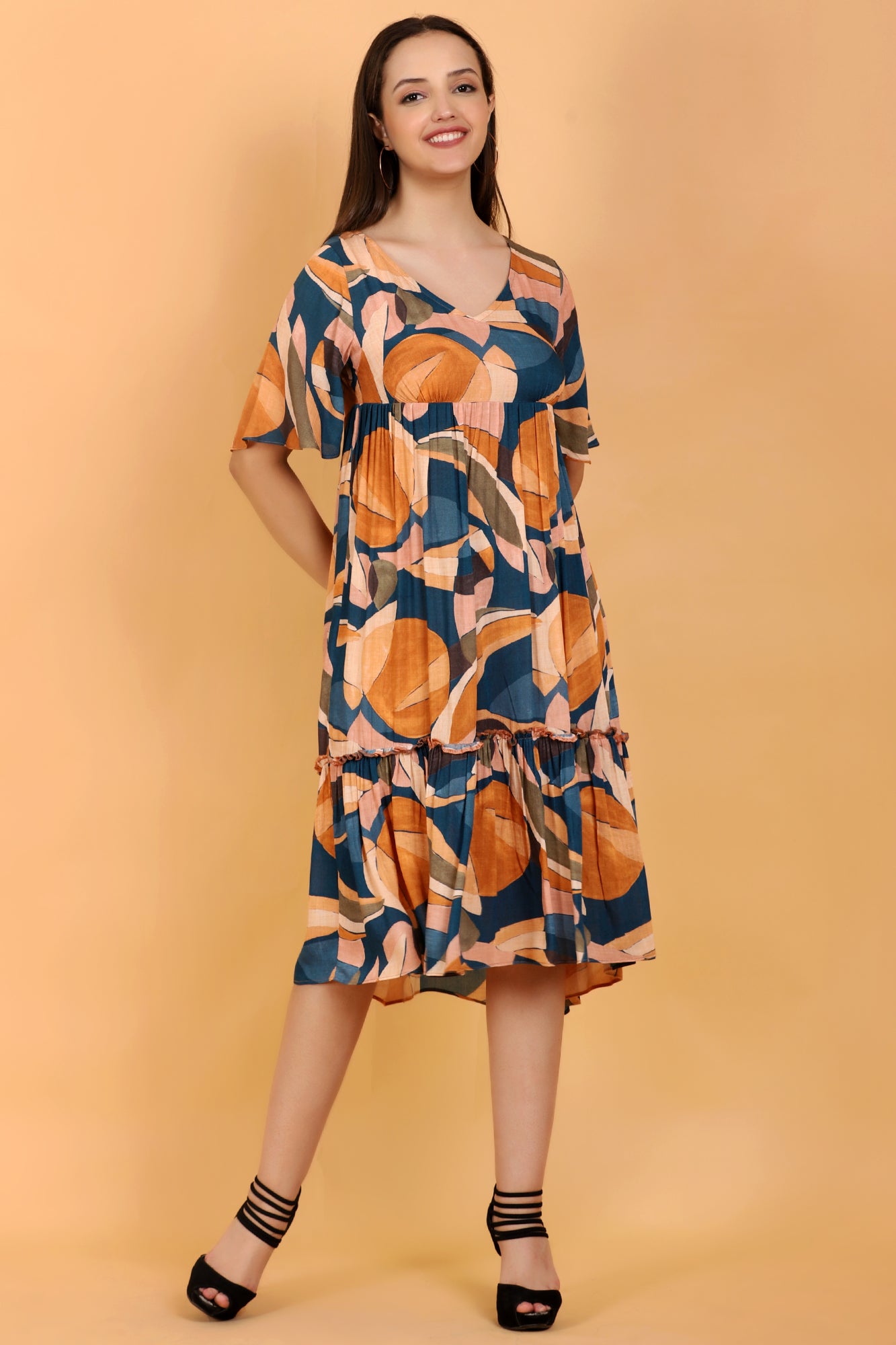 Surreal Citrus Printed Tierd A-Line Empire Midi Dress