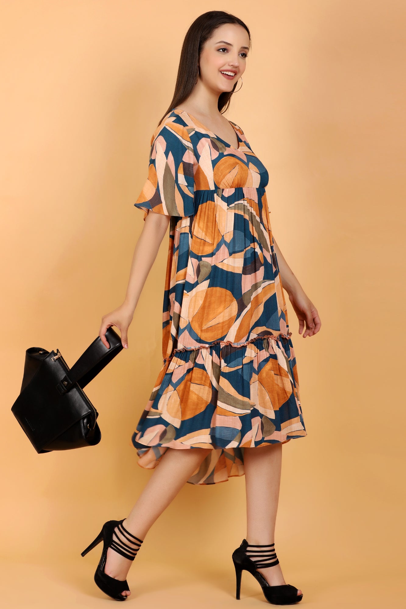 Surreal Citrus Printed Tierd A-Line Empire Midi Dress