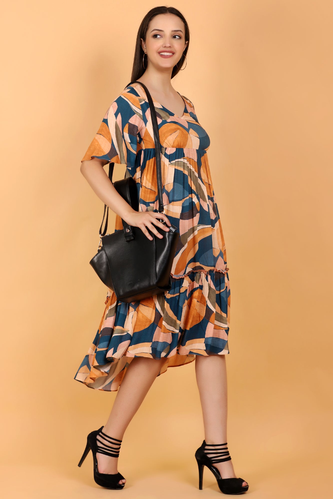 Surreal Citrus Printed Tierd A-Line Empire Midi Dress