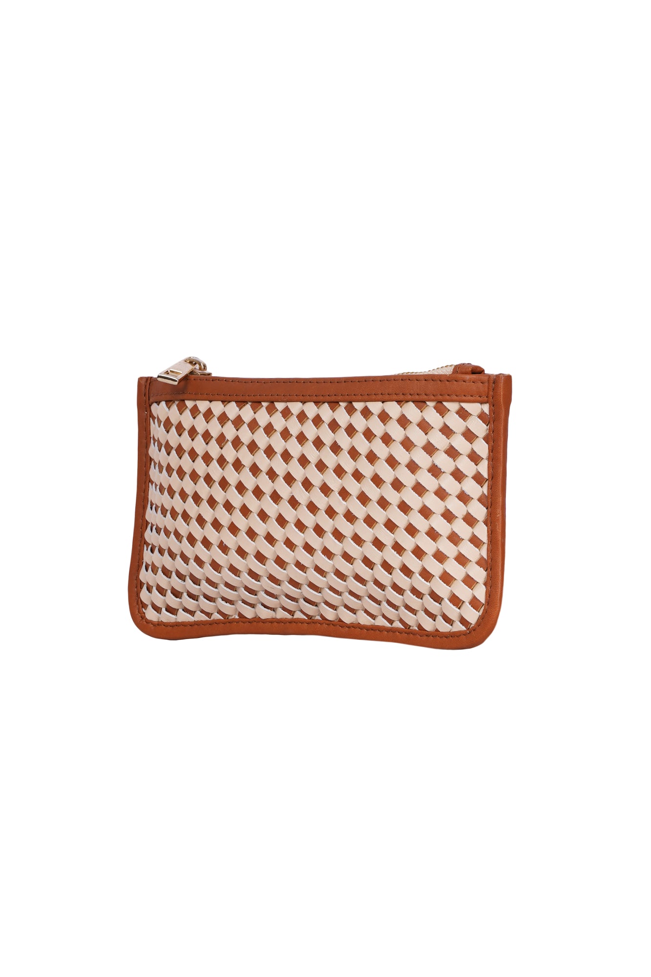 Tan & Cream Leather Woven Small Pouch