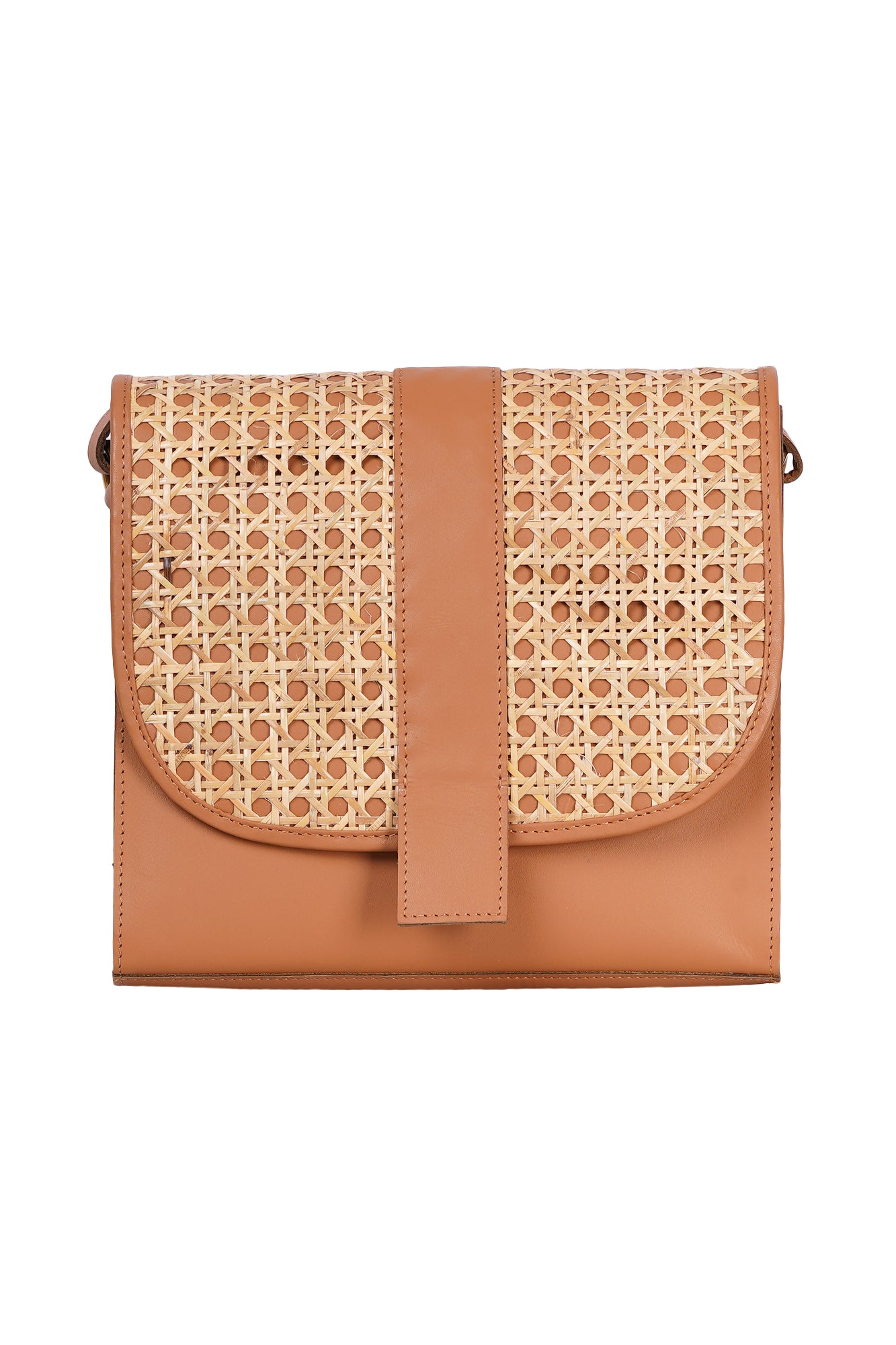 Tan Leather & Cane Crossbody Bag