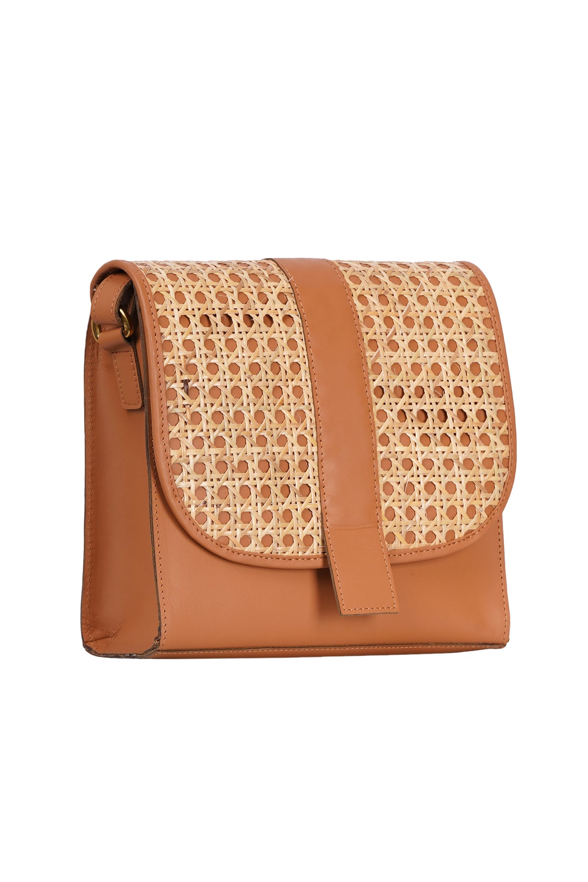 Tan Leather & Cane Crossbody Bag