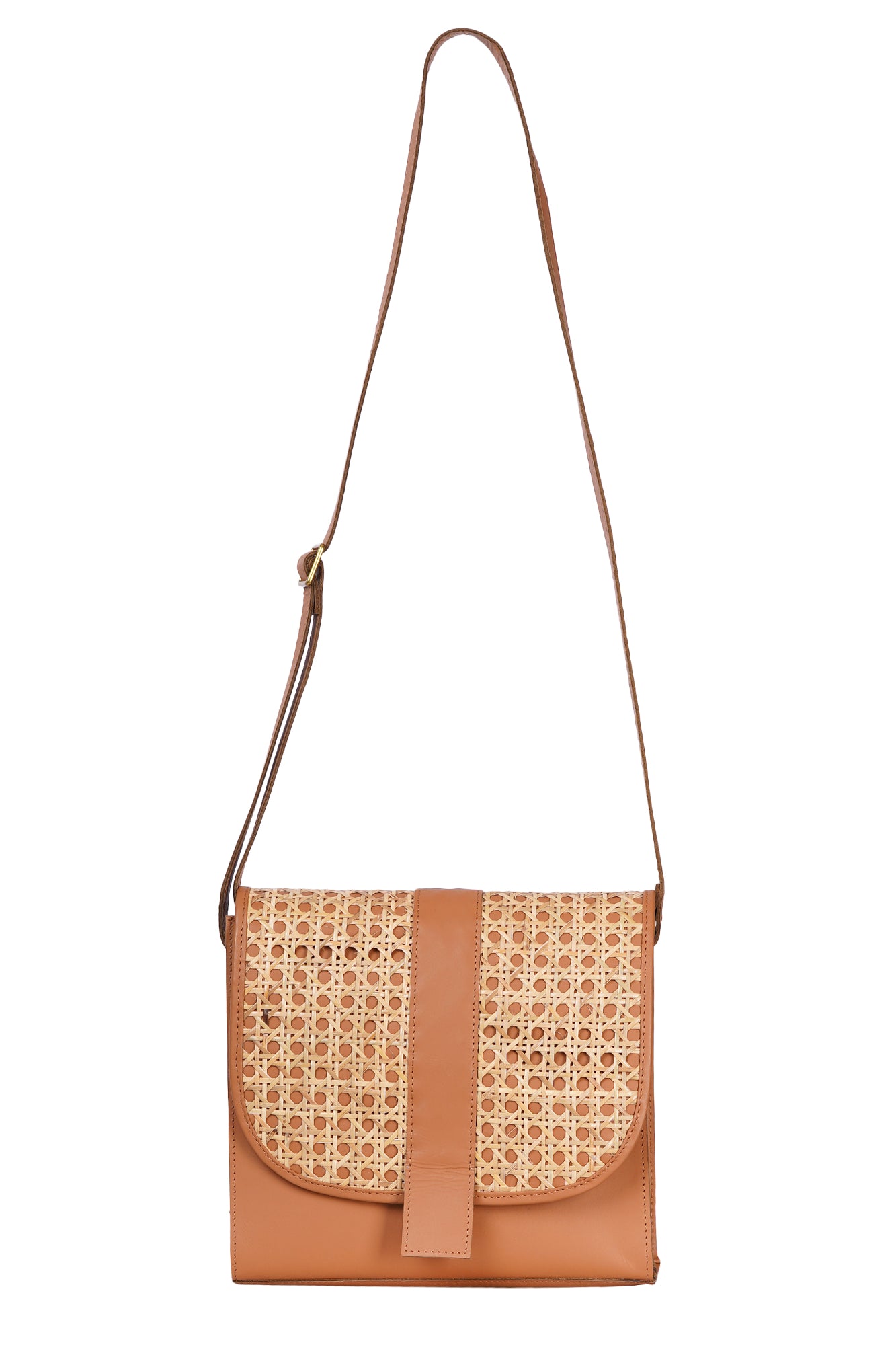 Tan Leather & Cane Crossbody Bag