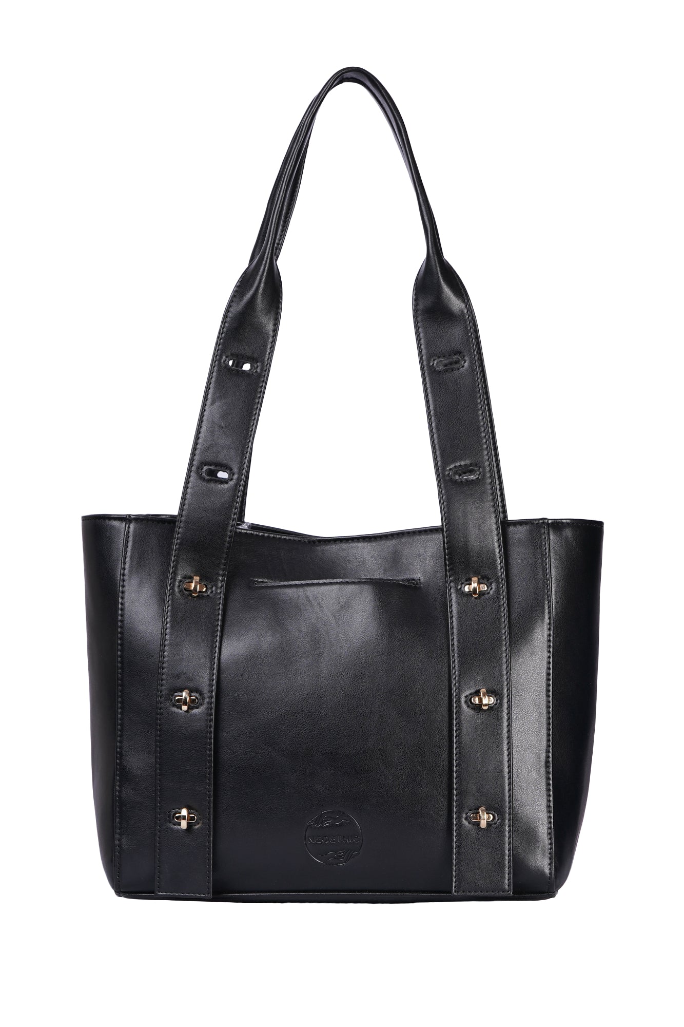 Multi Level Turn Lock Black Vegan Leather Tote Bag