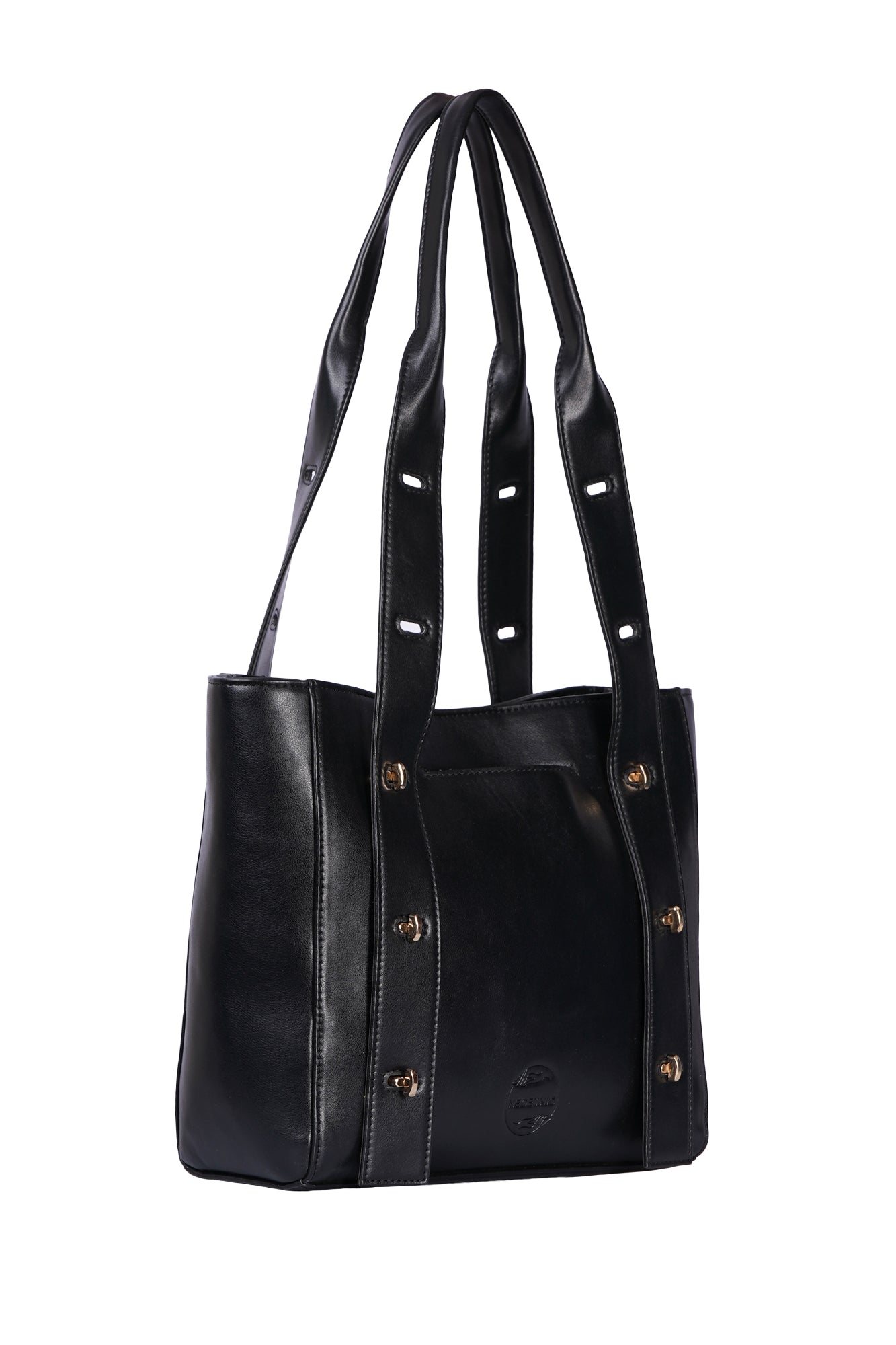 Multi Level Turn Lock Black Vegan Leather Tote Bag